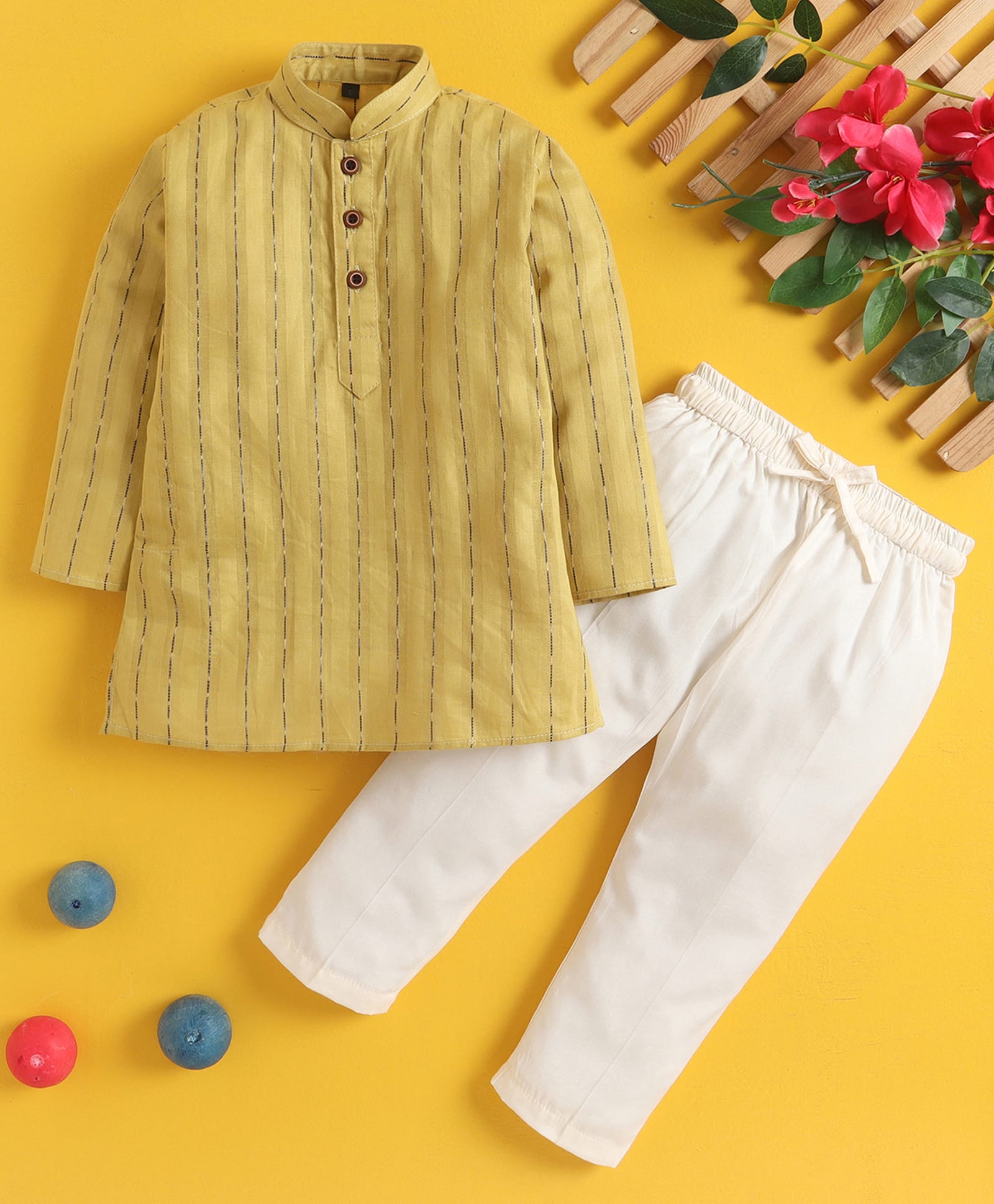 Jeet Ethnics Cotton Blend Knit Full Sleeves Striped Kurta & Pyjama Set - Mustard-picture-1
