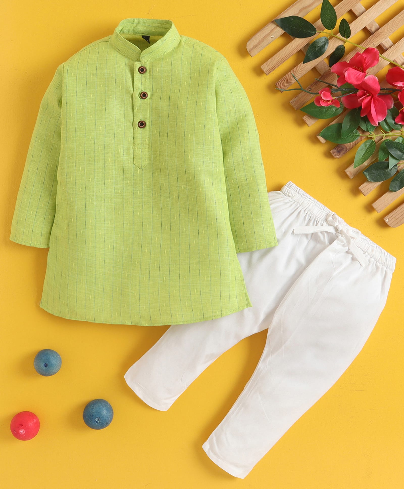 Jeet Ethnics Cotton Blend Knit Full Sleeves Striped Kurta & Pyjama Set - Green-image-1