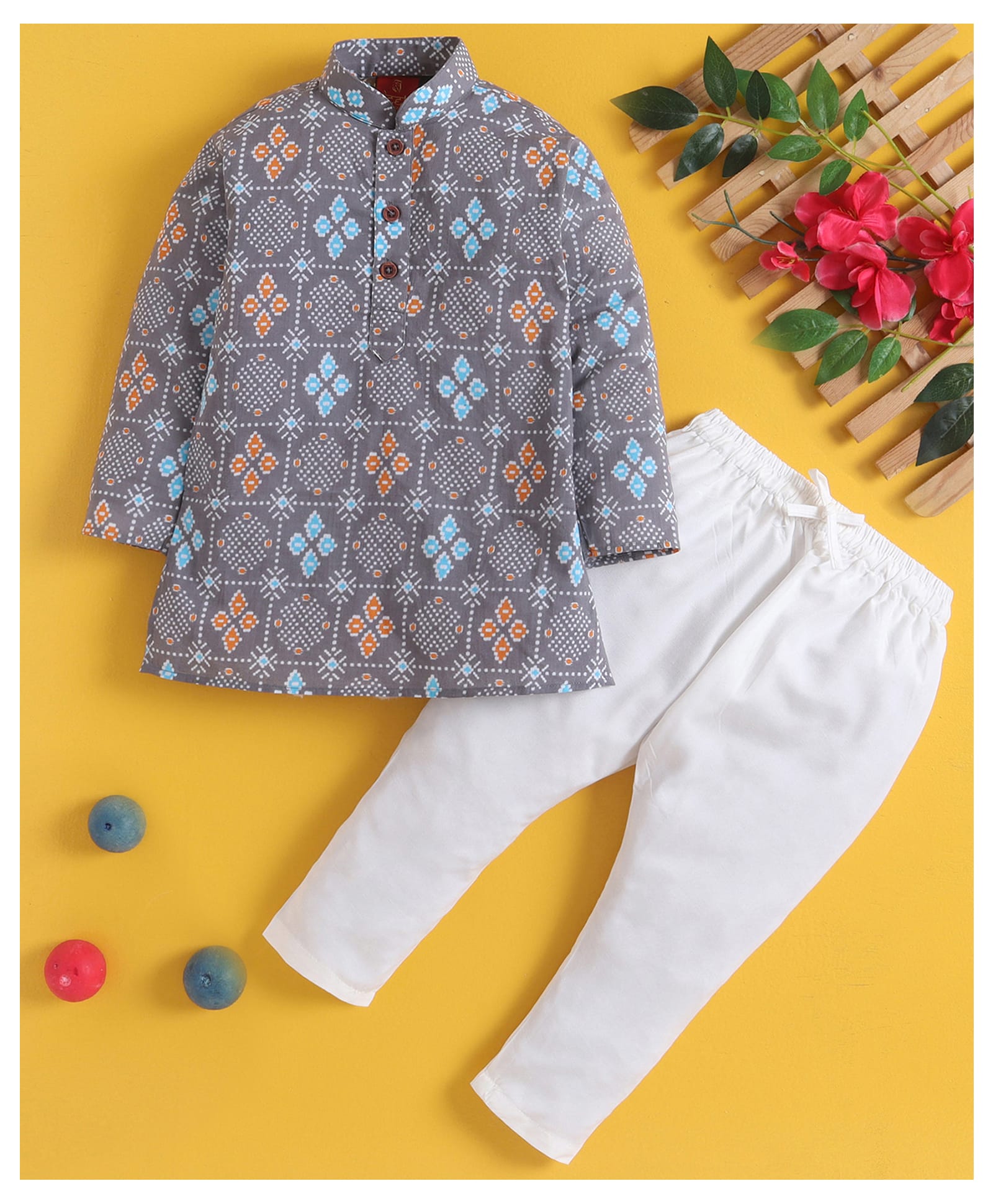 Jeet Ethnics Cotton Blend Knit Full Sleeves Geometric Printed Kurta & Pyjama Set - Grey-image-47