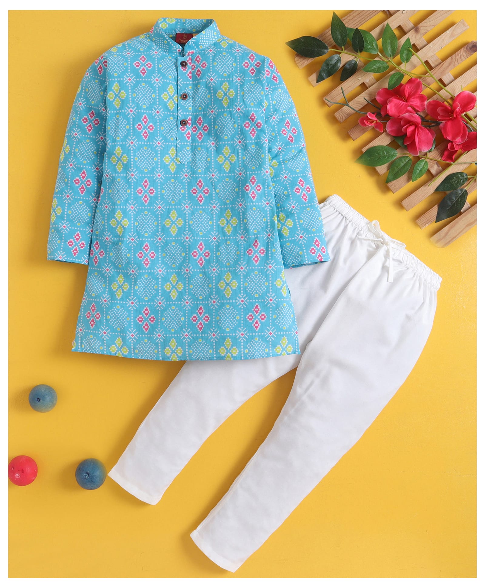 Jeet Ethnics Cotton Blend Knit Full Sleeves Geometric Printed Kurta & Pyjama Set - Blue-image-30