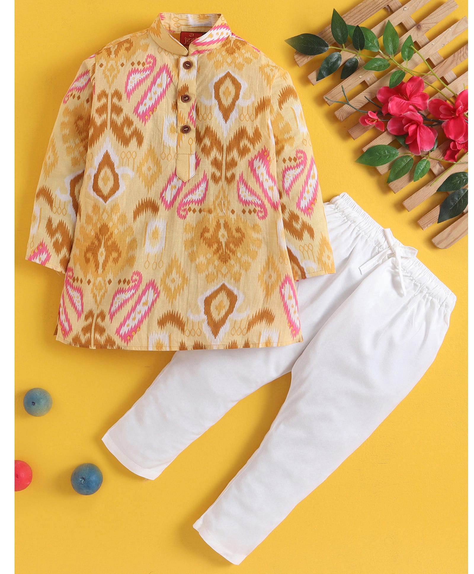 Jeet Ethnics Cotton Blend Knit Full Sleeves Abstract Printed Kurta & Pyjama Set - Mustard-picture-47