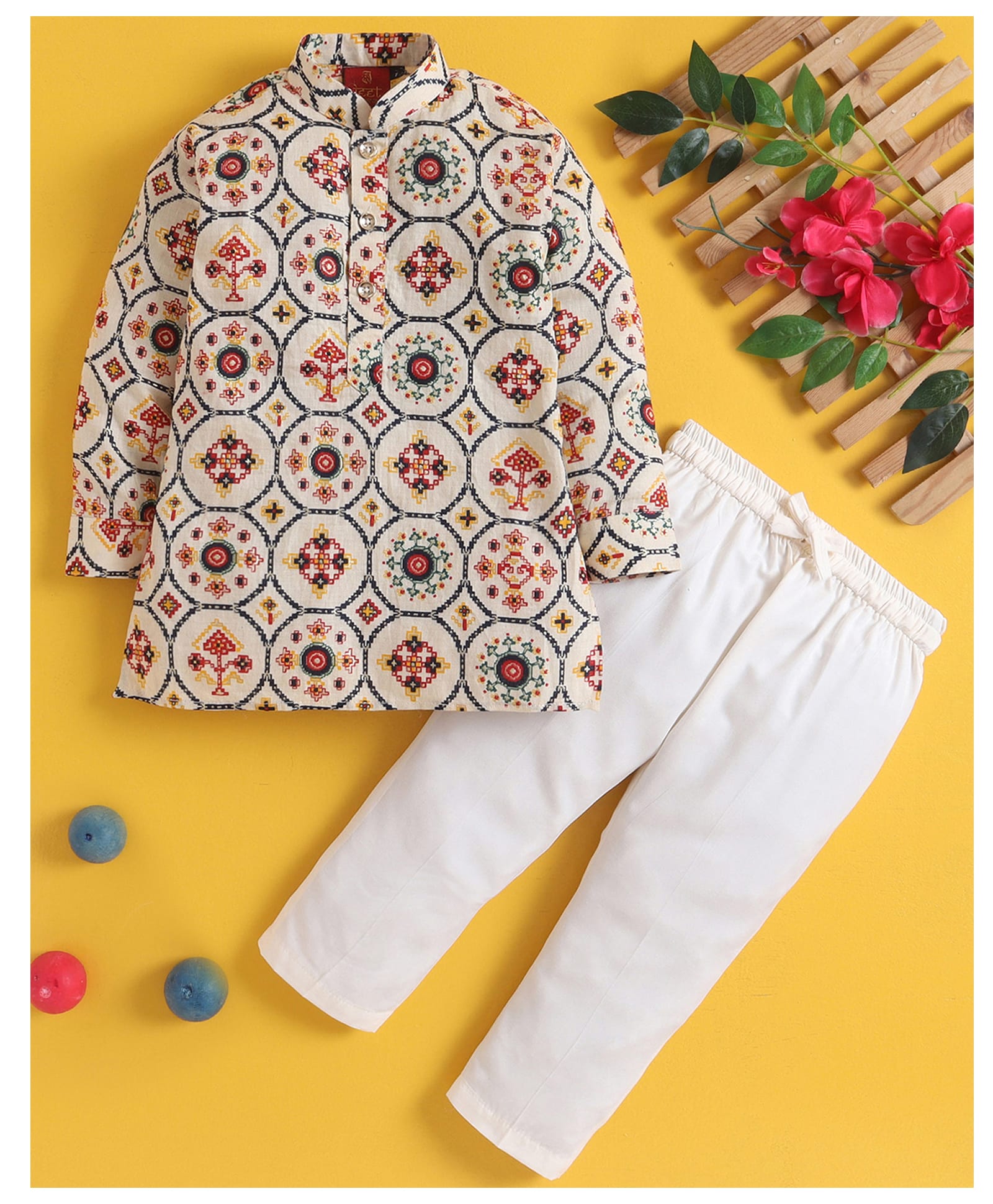 Jeet Ethnics Cotton Blend Knit Full Sleeves Abstract Embroidered Kurta & Pyjama Set - Cream-picture-26