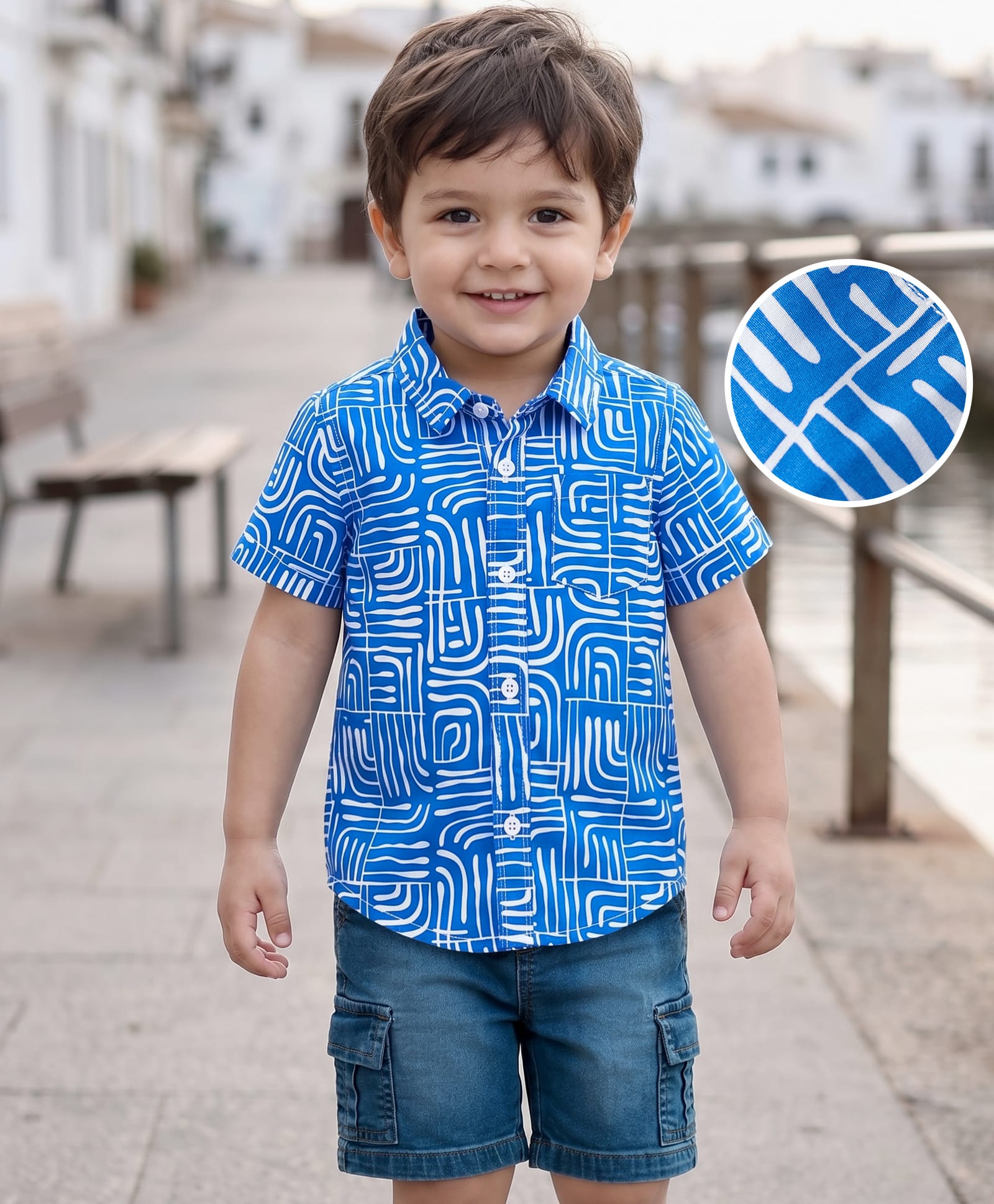 Babyhug Cotton Woven Half Sleeves Abstract Printed Shirt & Denim Shorts Set - Blue-picture-22