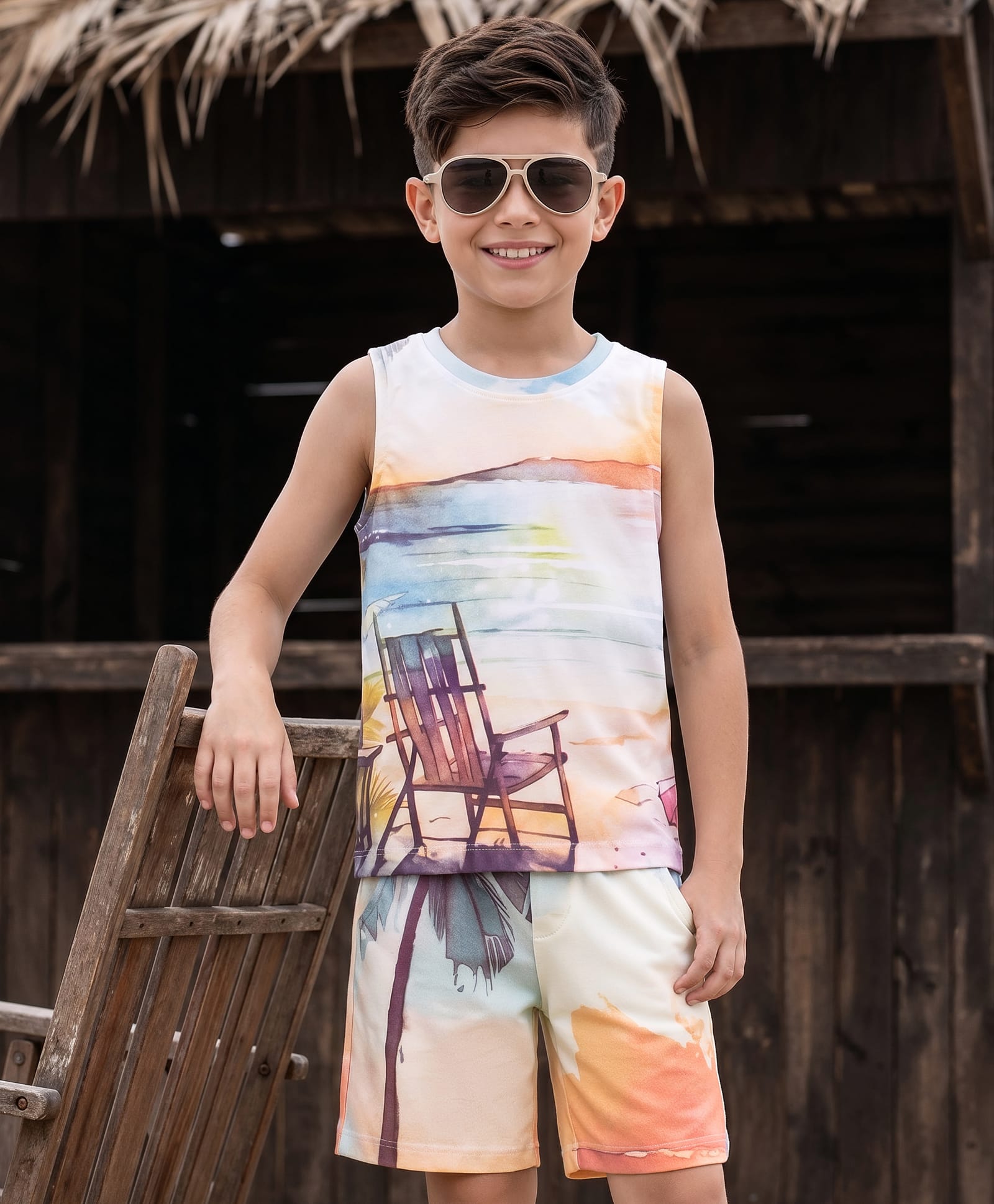 OLLINGTON ST. Cotton Knit Sleeveless Beach Theme Printed T- Shirt & Shorts Set- Multicolor-image-46