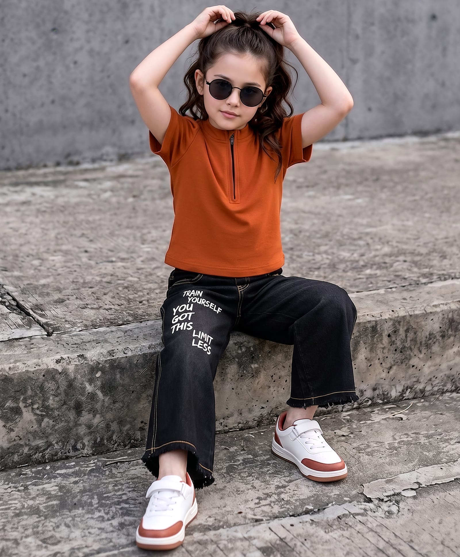 OLLINGTON ST. Cotton Knit Half Sleeves Solid Top & Denim Culottes Set - Rust Orange & Black-image-33