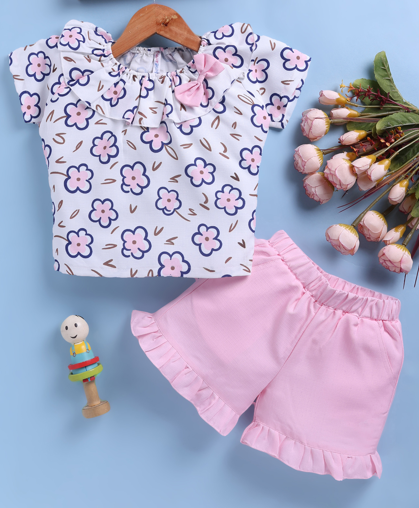 TOONYPORT Cotton Knit Half Sleeve Floral Printed Top With Shorts Set - Pink-image-49