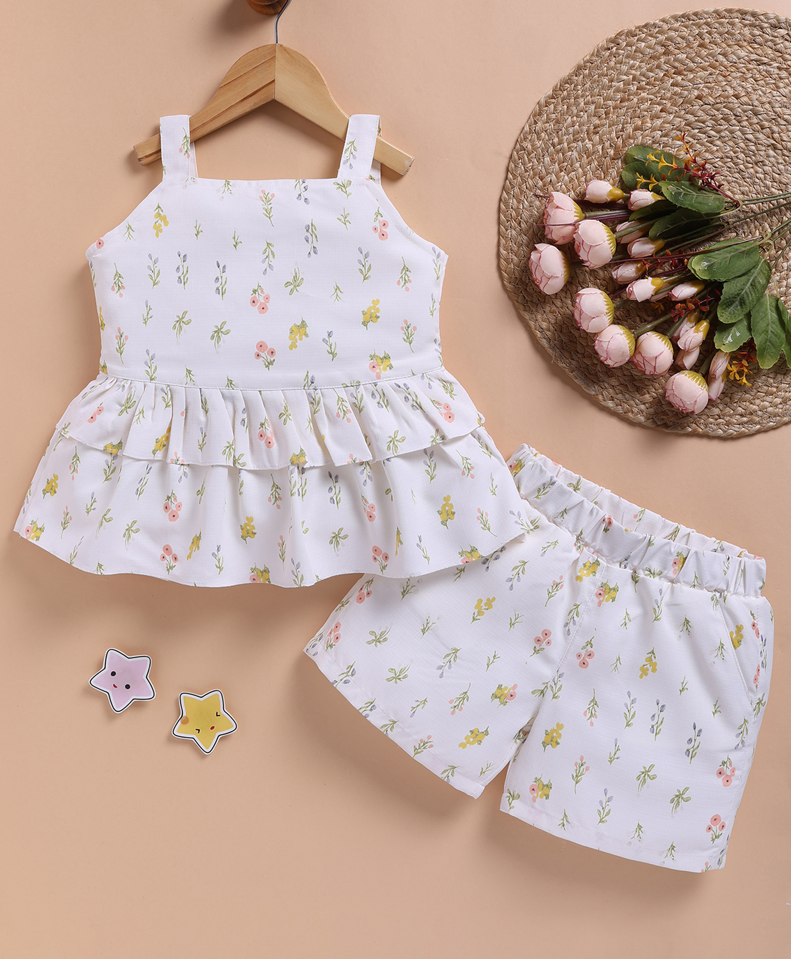 TOONYPORT Cotton Knit Sleeveless Floral Printed Coordinating Top With Shorts Set - White-picture-15