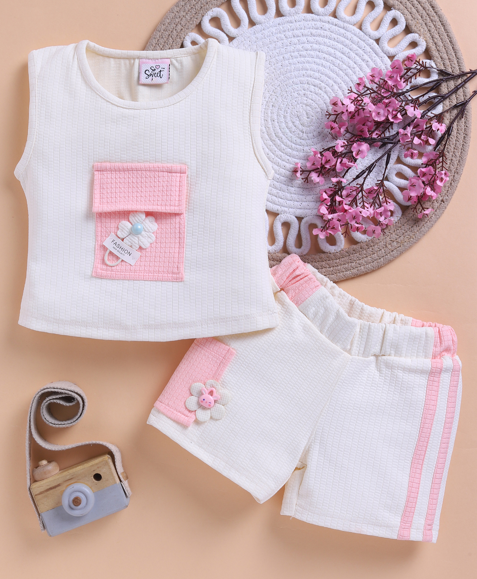 TOONYPORT Cotton Blend Knit Sleeveless Floral Applique Detailed Top & Shorts Set - Off White-image-18