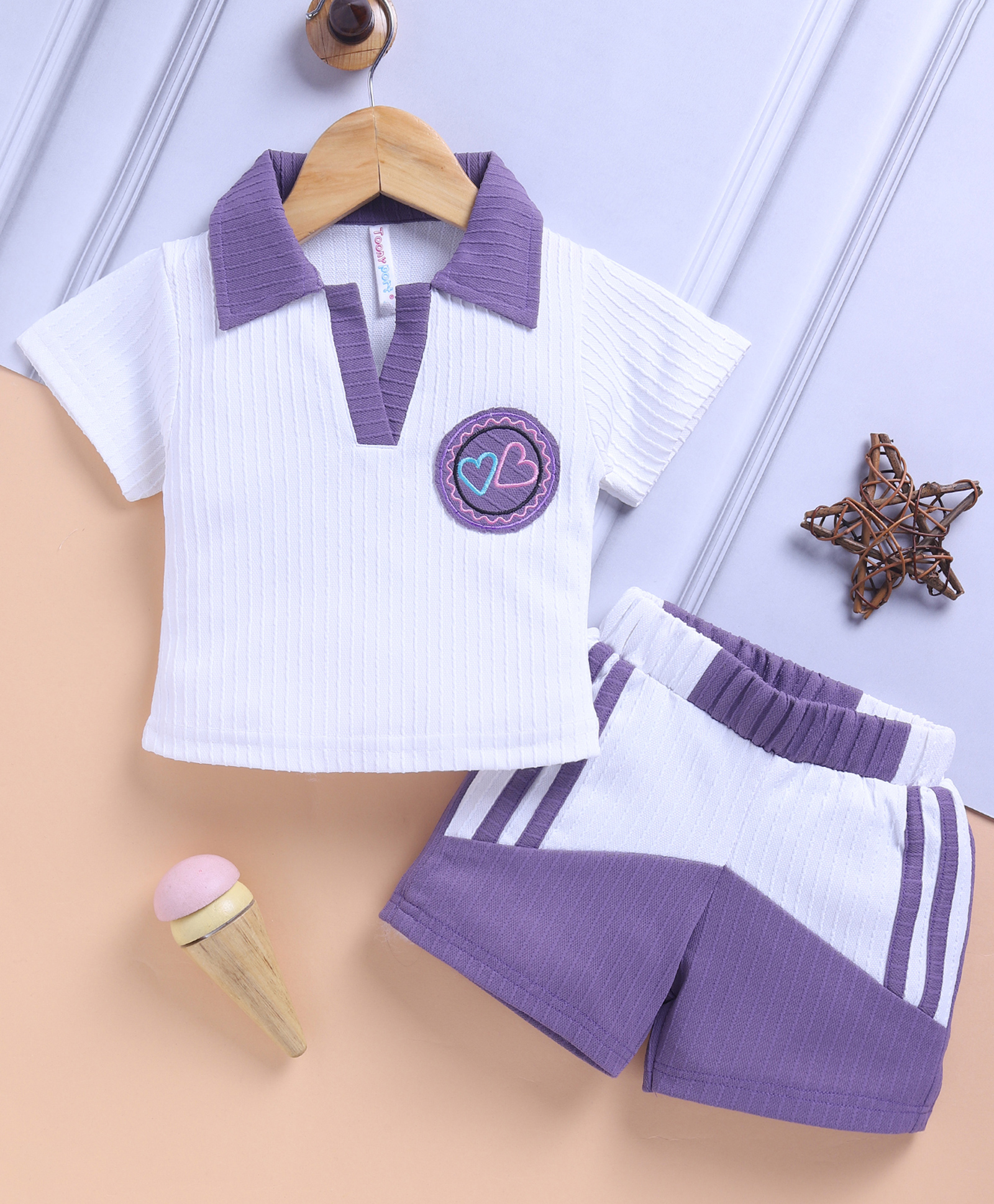 TOONYPORT Cotton Blend Knit Half Sleeves Colour Blocked Heart Embroidered Top & Shorts Set - Purple-image-45