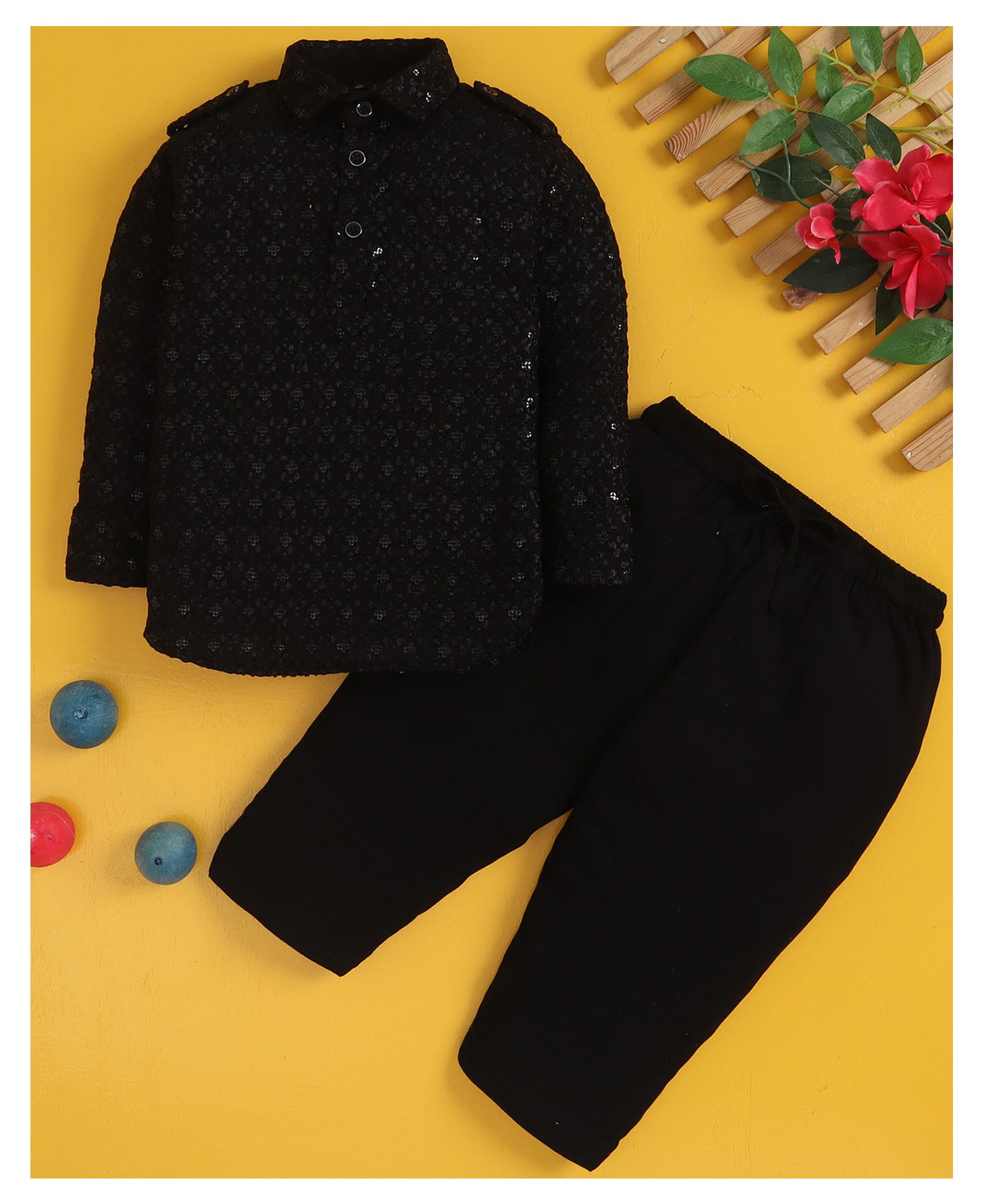 Jeet Ethnics Cotton Blend Knit Full Sleeves Textured Kurta & Pyjama Set - Black-image-14