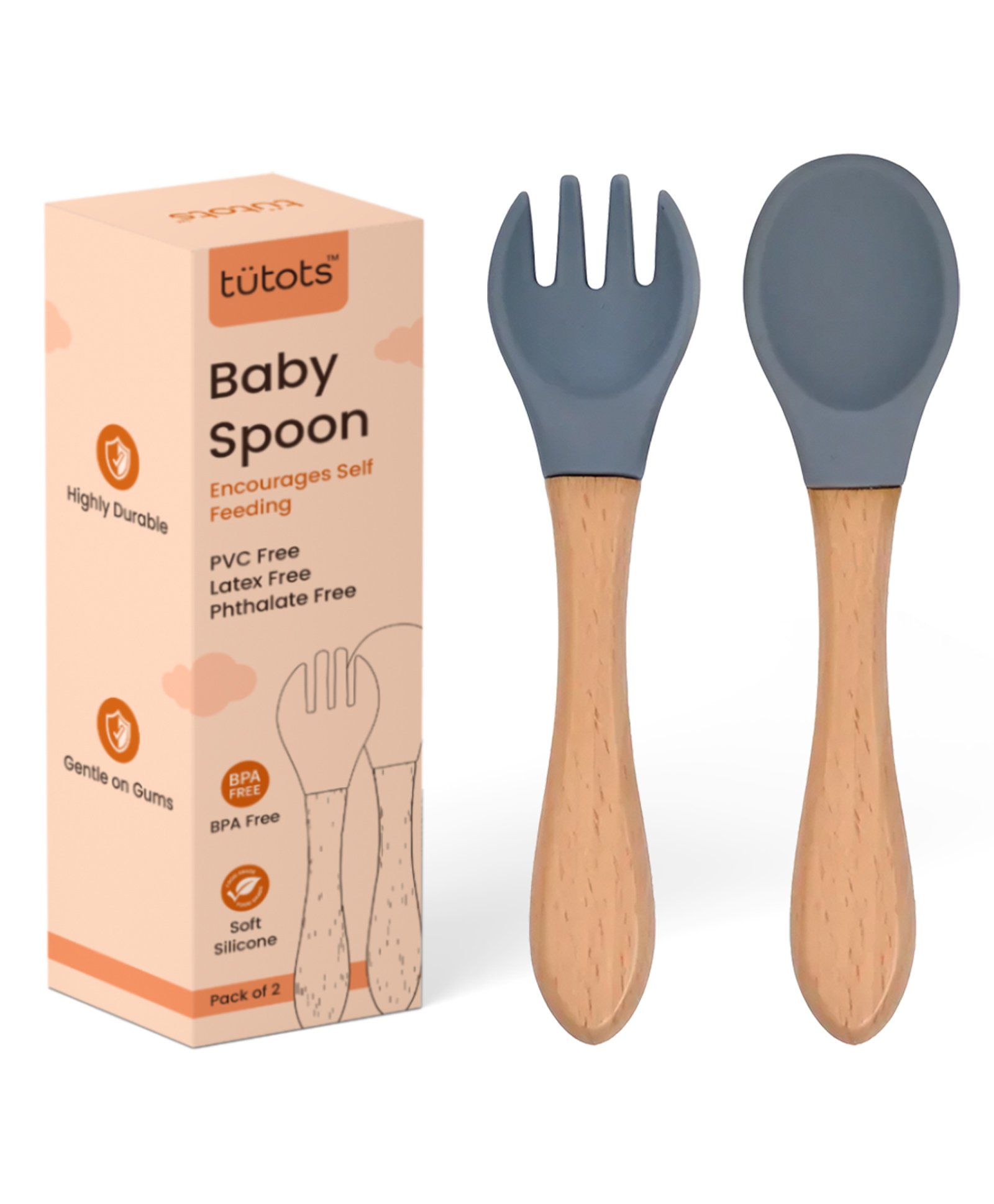 tutots Premium Silicone Wood Spoon & Fork Set BPA Free PVC Free - Silicone, Wood -Grey-picture-13