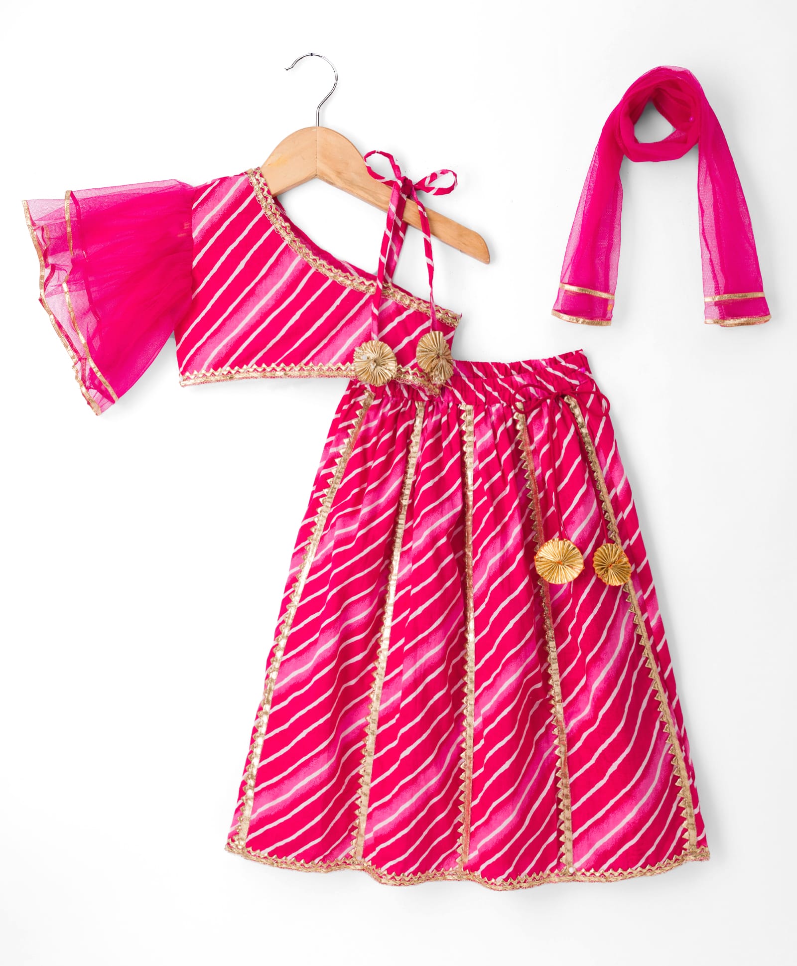 Teentaare Cotton Woven Sleeveless Choli Lehenga Set with Dupatta Stripes & Lace Detailing - Pink-image-21