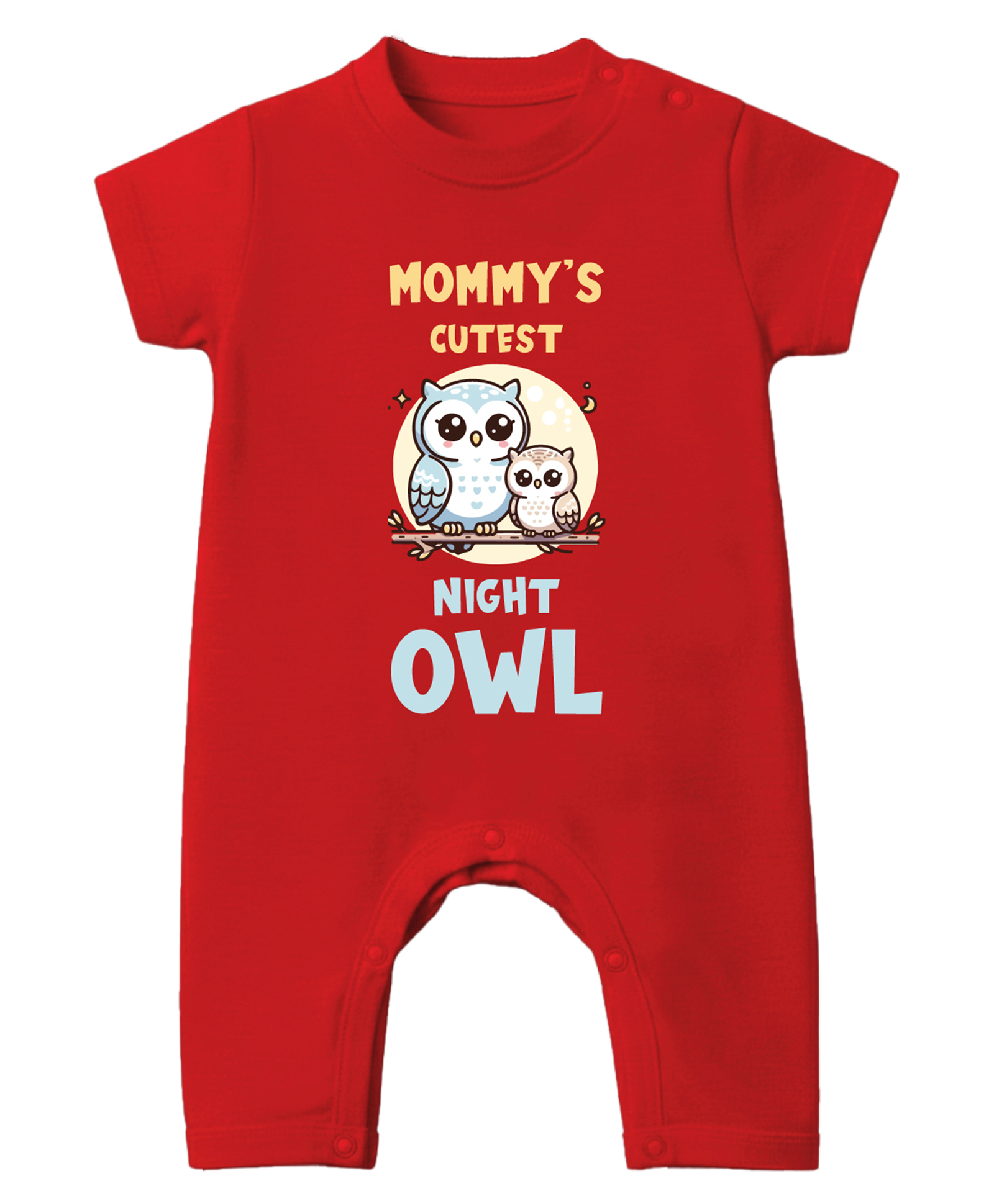Baby Buzz 100% Cotton Knit Half Sleeves Mommys Cutest Night Owl Text Printed Romper - Red-image-36