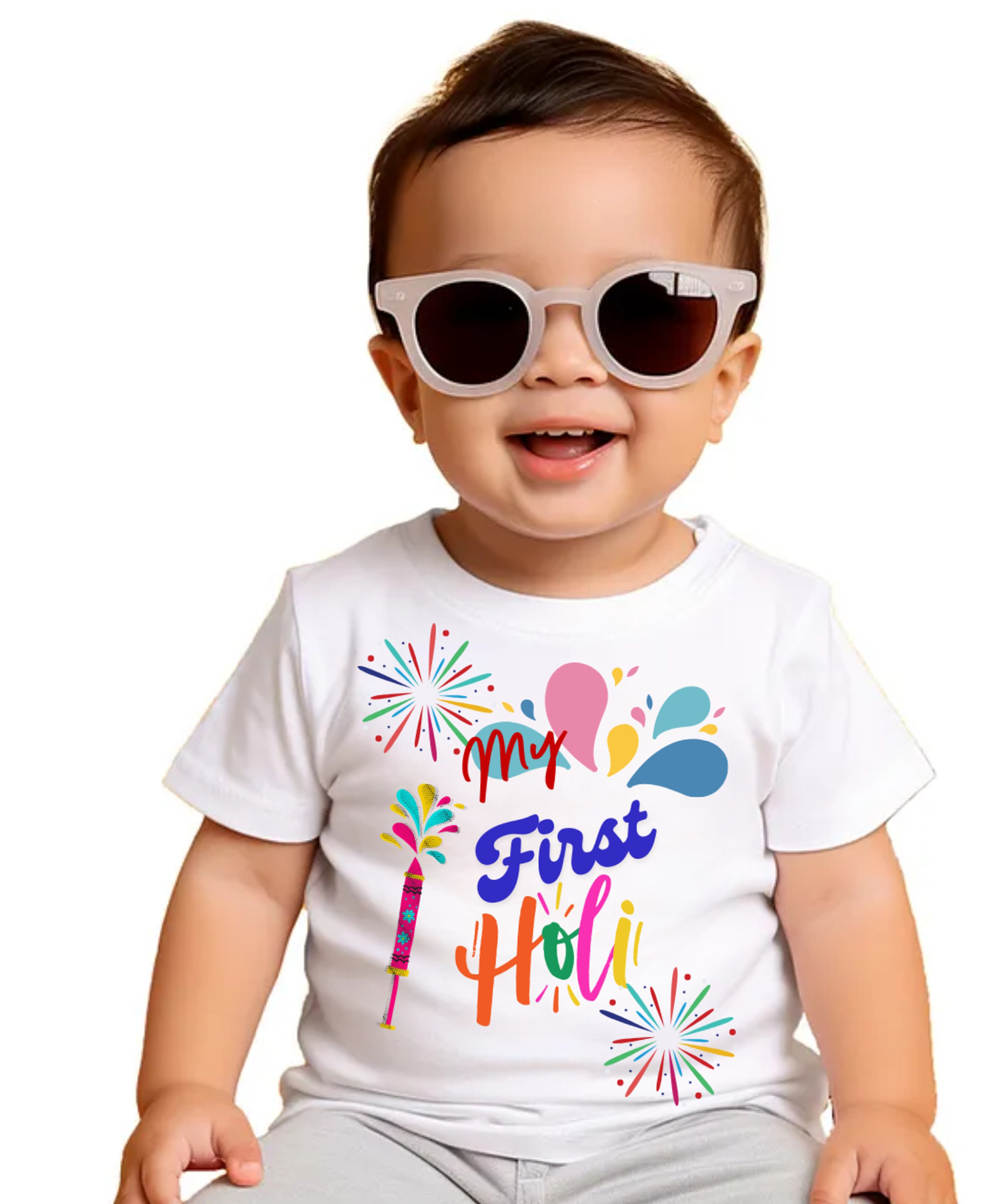 Itsmycostume Cotton Holi Theme Half Sleeves My First Holi Text Printed Tee - White