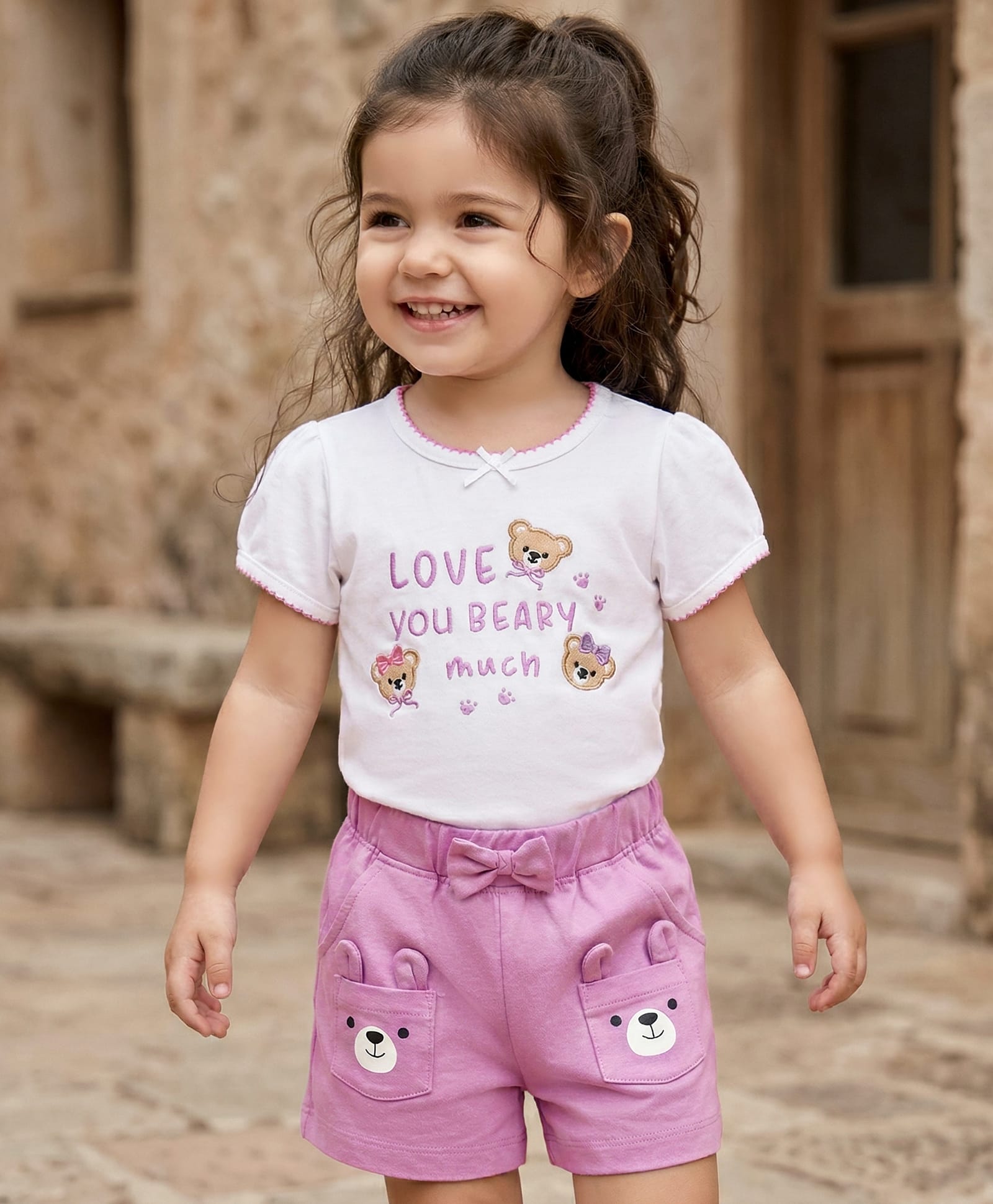 Babyhug Single Jersey Knit Half Sleeves Bear Embroidered & Printed Top & Shorts Set with Bow Applique - White & Pink-picture-34