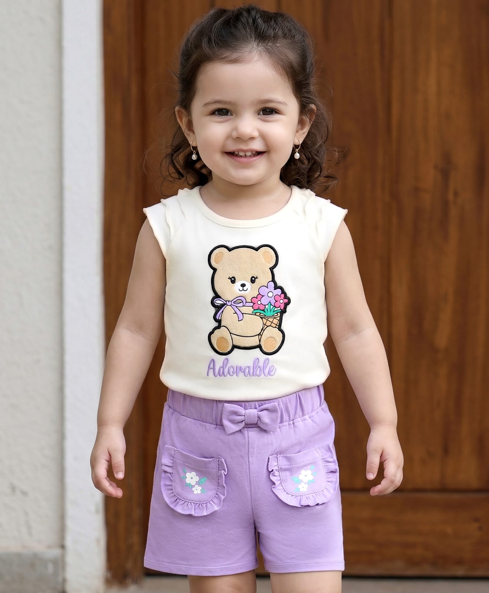 Babyhug Single Jersey Knit Sleeveless Top & Shorts Set With Teddy Bear Patch - White & Purple-image-21