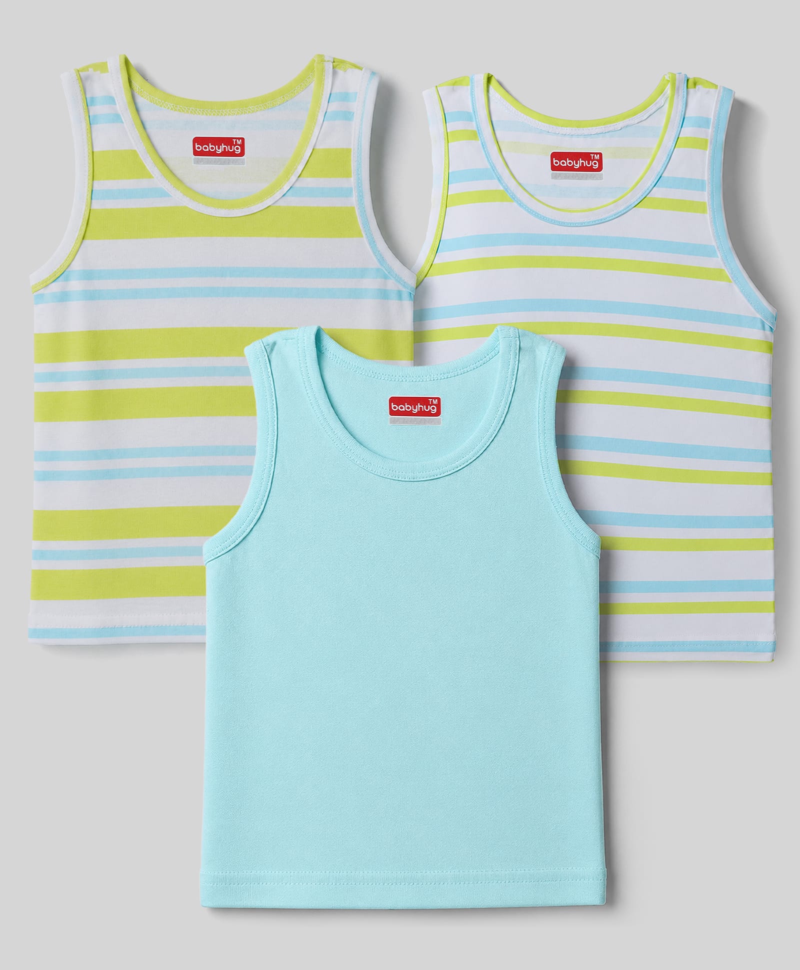Babyhug 100% Cotton Knit Sleeveless Striped & Solid Vests Pack Of 3 - Light Blue & Green-image-32