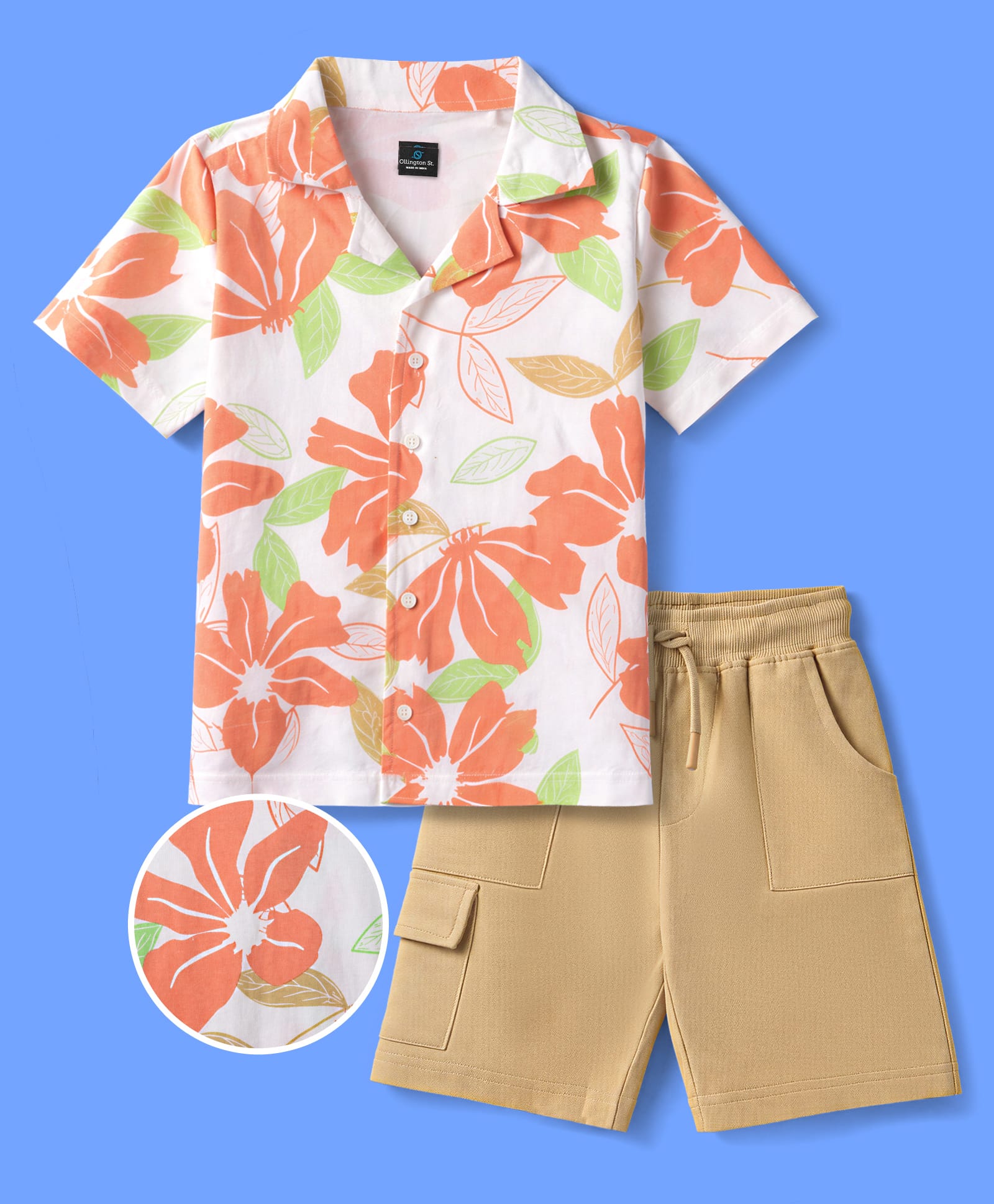 OLLINGTON ST. Cotton Knit Printed Half Sleeves Shirt & Shorts Set - Multicolour & Beige-image-22