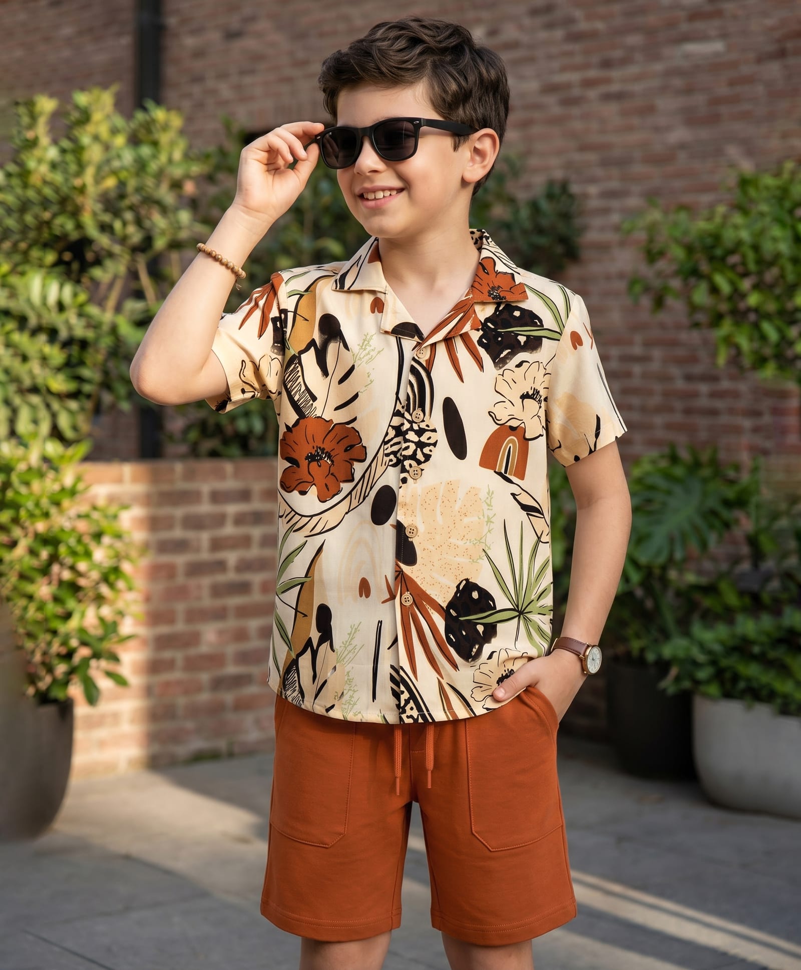 OLLINGTON ST. Cotton Knit Floral Printed Half Sleeves Shirt & Shorts Set - Multicolour & Rust-image-24