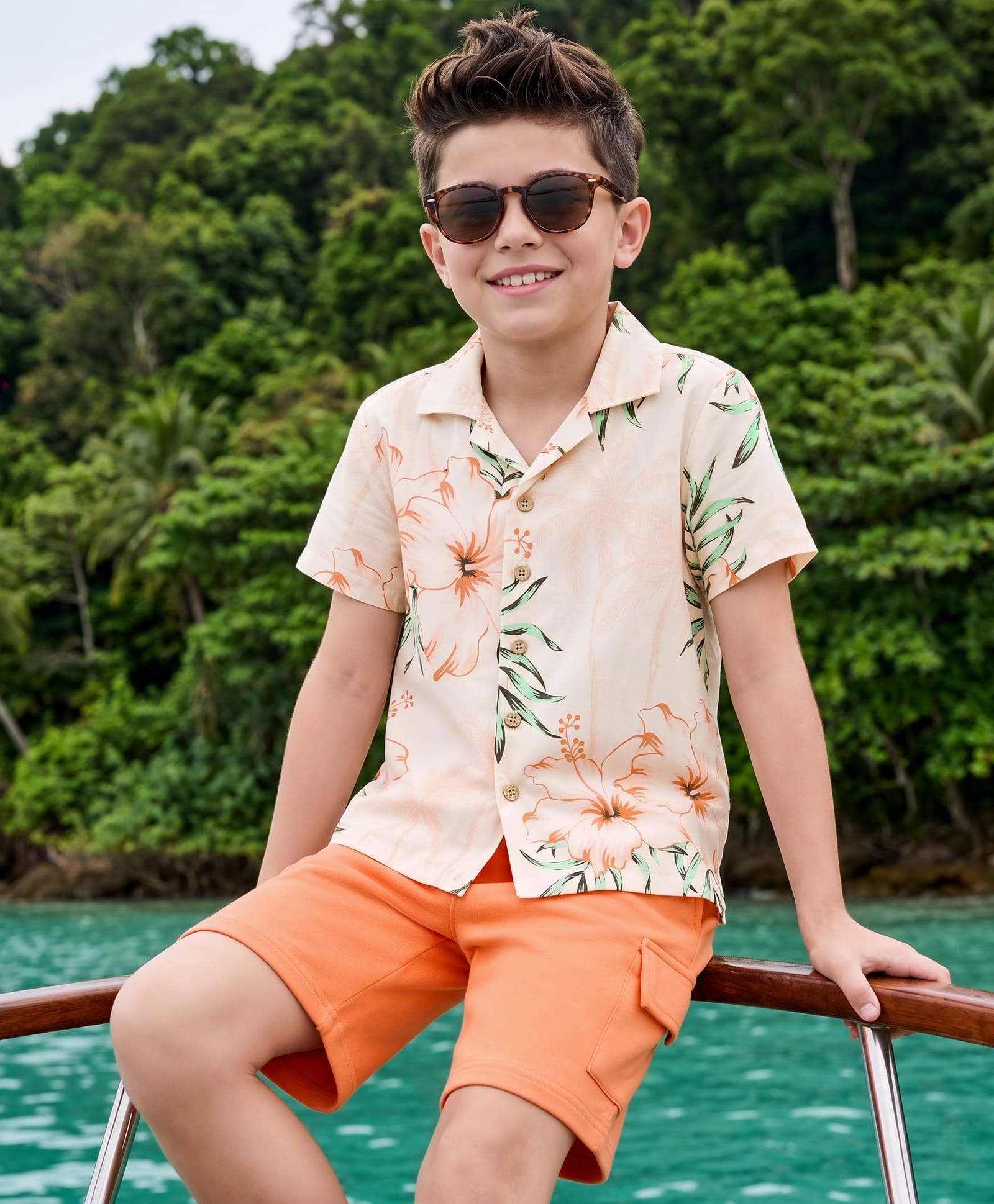 OLLINGTON ST. Cotton Knit Floral Printed Half Sleeves Shirt & Shorts Set - Multicolour & Orange-image-5