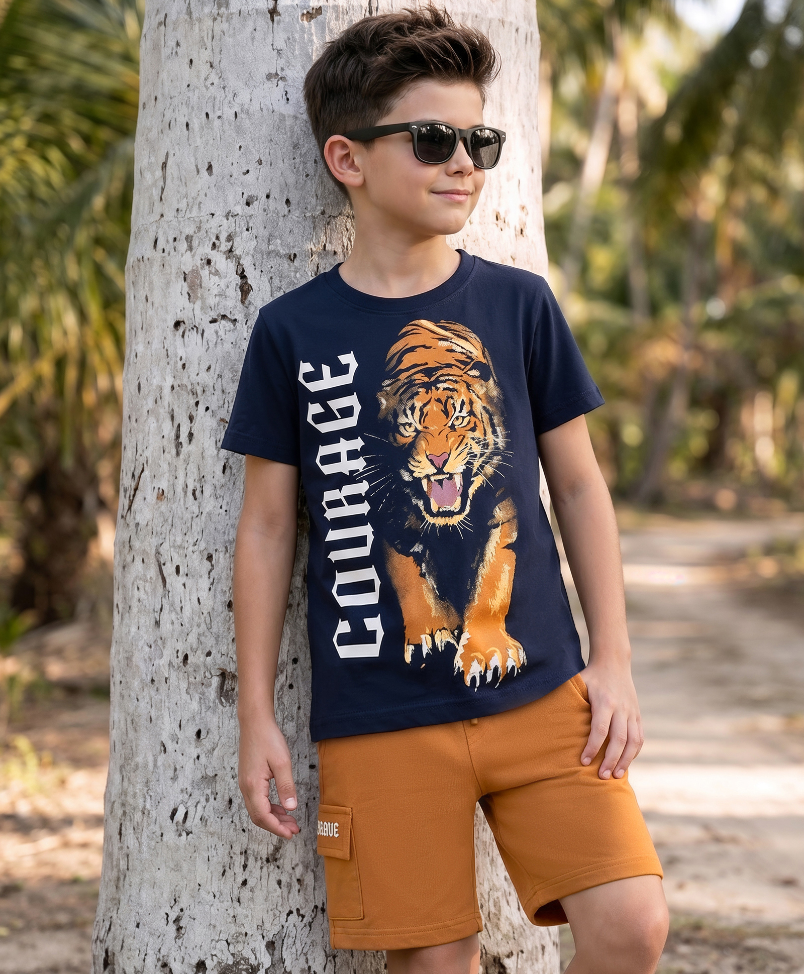 Ollington St. Boys Cotton Knit Half Sleeves T-Shirt With Lion Print & Shorts - Navy & Orange-picture-18