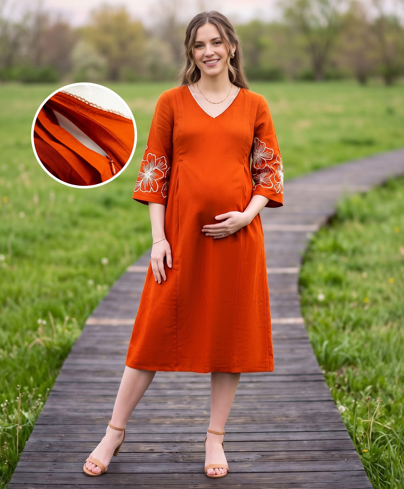 Bella Mama Viscose Woven Three Forth Sleeves Floral Embroidered Maternity Dress With Lace Detailing - Rust Orange