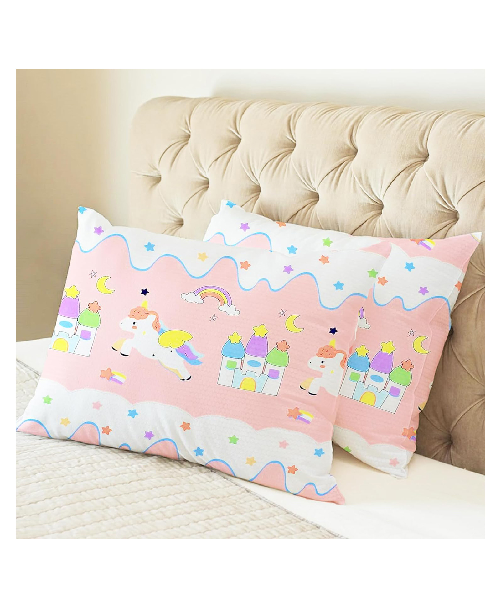 Filymore Pillow Covers Pair of 2 Covers for Kids' Room, Star unicorn theme for kids | 240 TC Microfiber Soft & Skin Friendly Pillow Cases | Size (17 x 27 inch (Pink and White).-image-23
