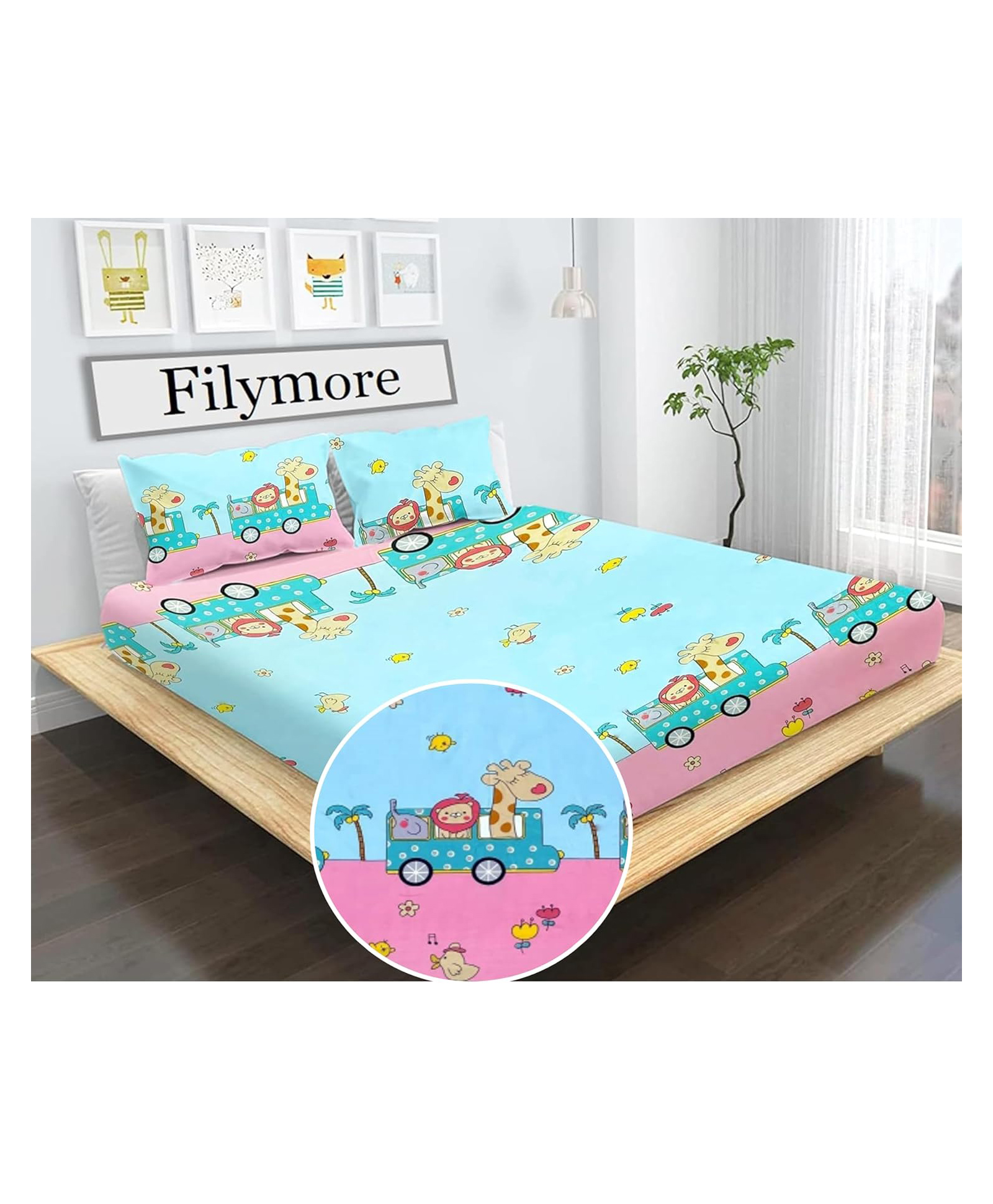 Filymore Kids Toy Train Double bedsheet 244 TC Made with Pure Microfiber Skyblue and Pink Colour Bedsheet for Double Bed with 2 Pillow Cover (Size - 90X90 inchs)-image-11