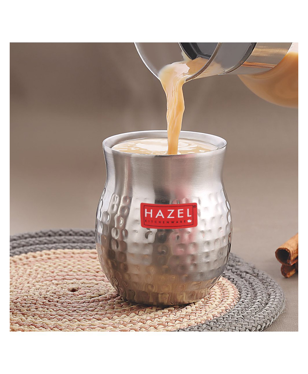 HAZEL Double Wall Stainless Steel Kullad Glass, Hammered Finish Tea & Coffee Cup, 150 ml, 6 cm Diameter-image-2