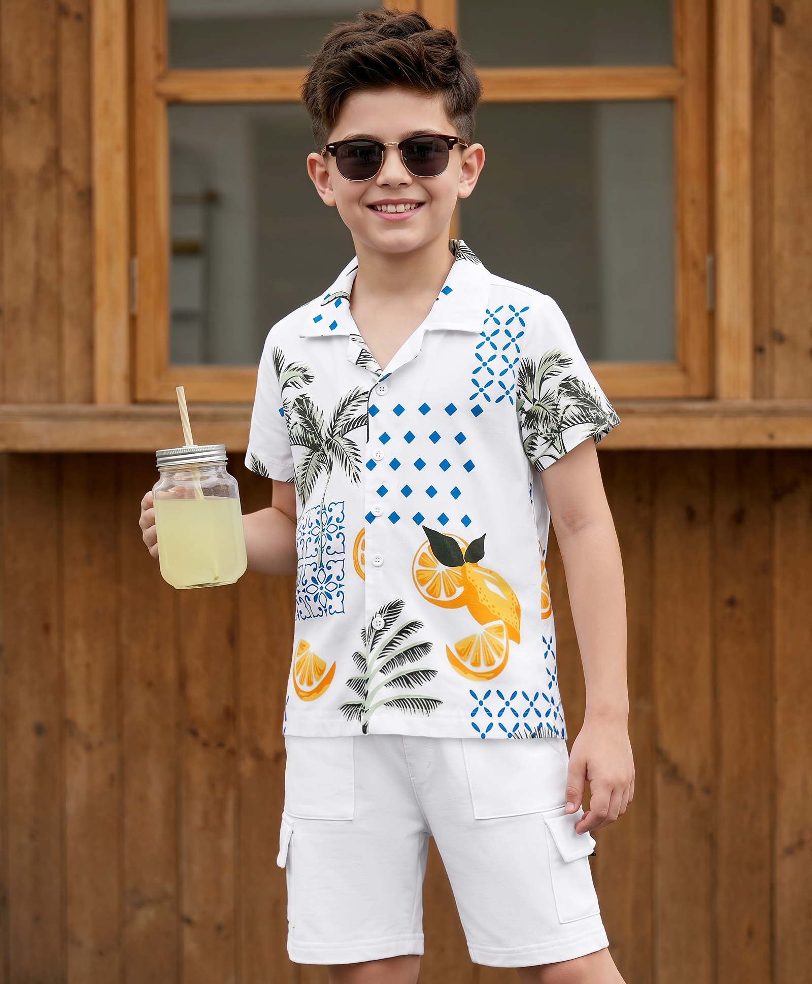 OLLINGTON ST. Cotton Knit Printed Half Sleeves Shirt & Shorts Set - Multicolour & White-picture-19