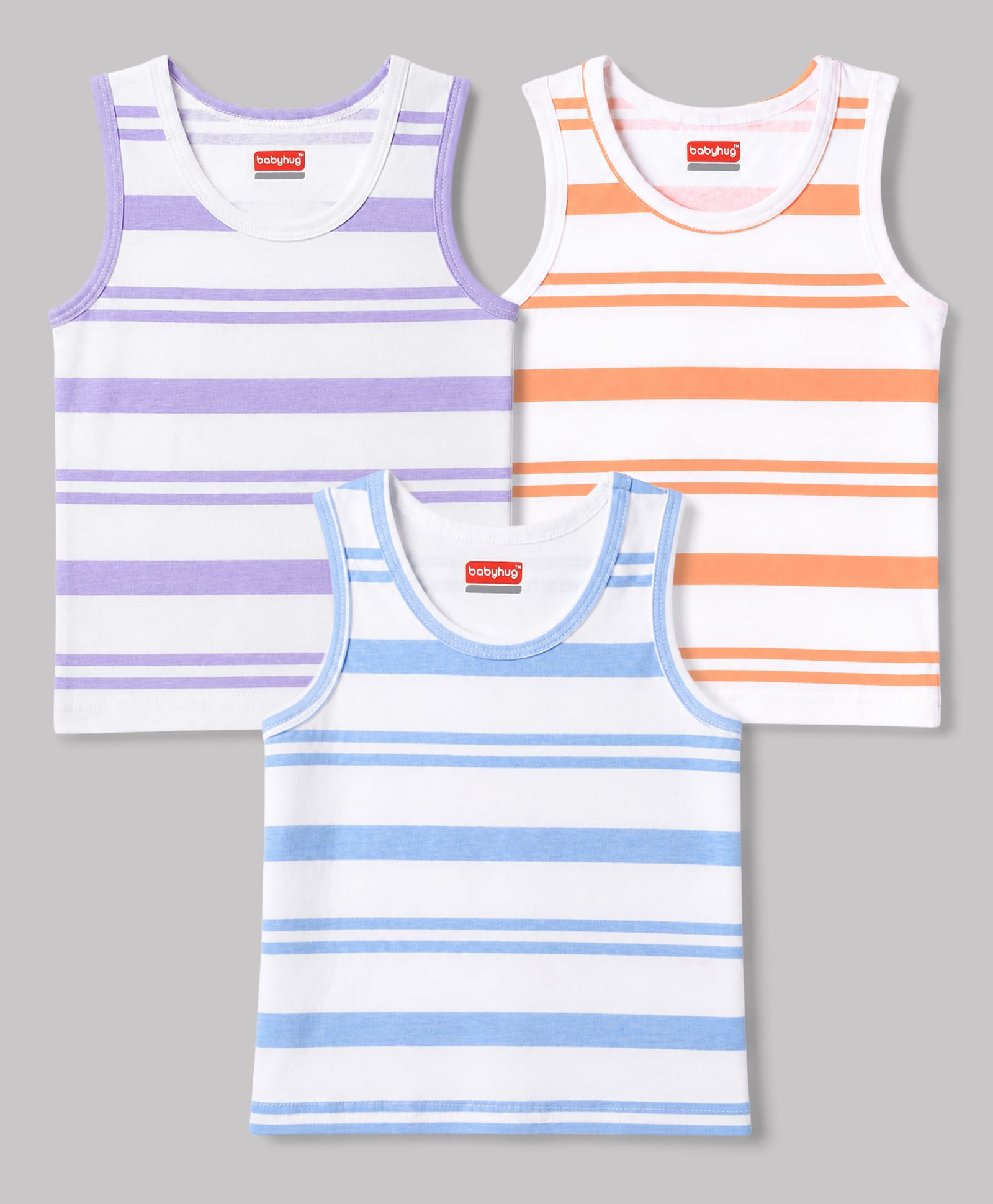 Babyhug 100% Cotton Knit Sleeveless Striped Sando Vests Pack Of 3 - Orange Purple & Light Blue-picture-20