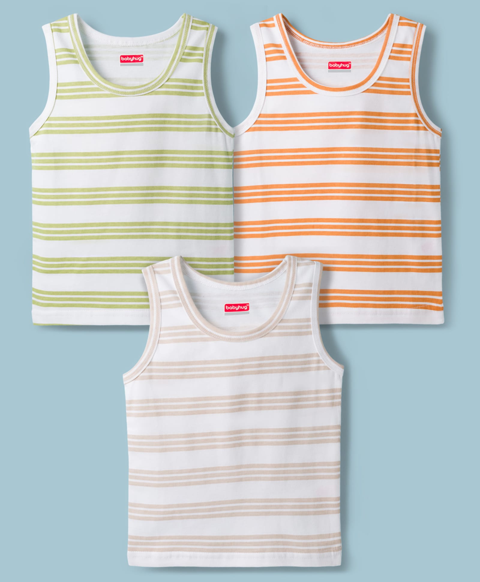Babyhug 100% Cotton Knit Sleeveless Striped Sando Vests Pack of 3 - Multicolor-image-45