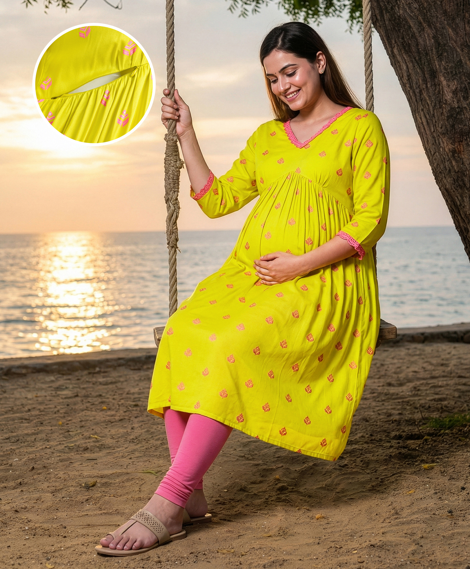 Bella Mama Woven Three Fourth Sleeves Maternity Dress with Abstract Print & Lace Detailing - Yellow