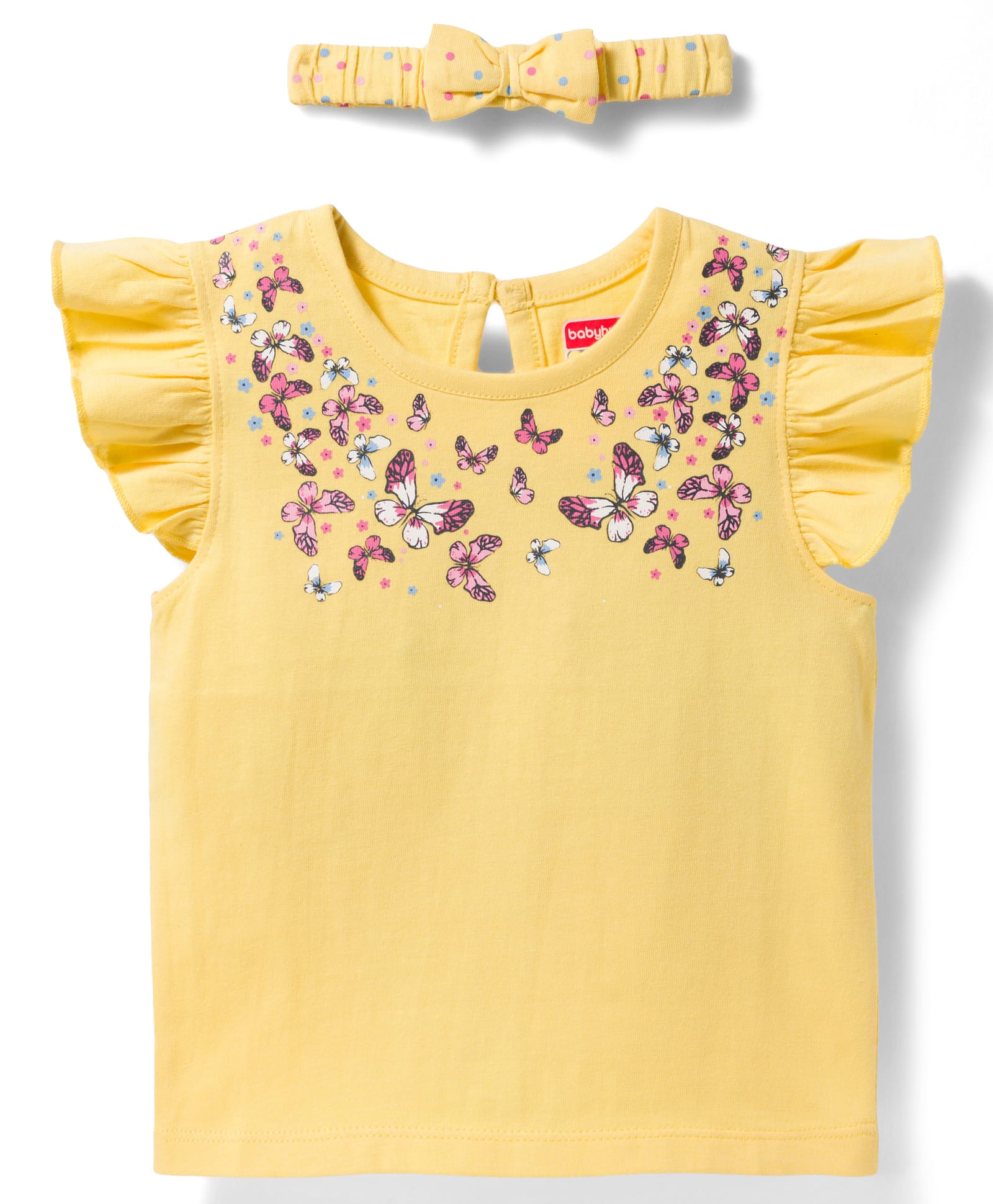 Babyhug Cotton Knit Frill Sleeves T-Shirt With Butterfly Print & Headband - Yellow-image-23