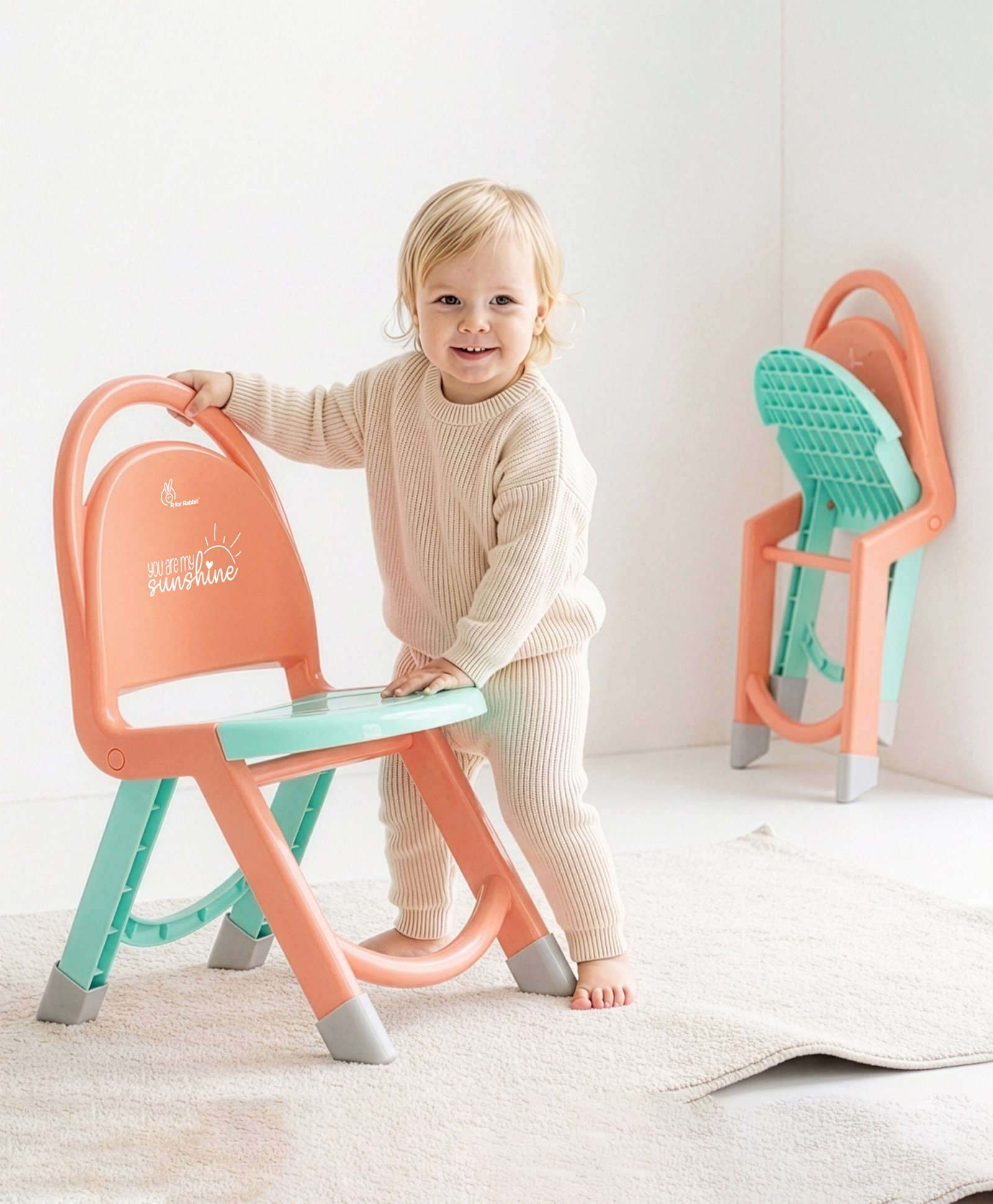 R for Rabbir Jelly Bean Foldable Kids Chair - Peach & Green-image-38
