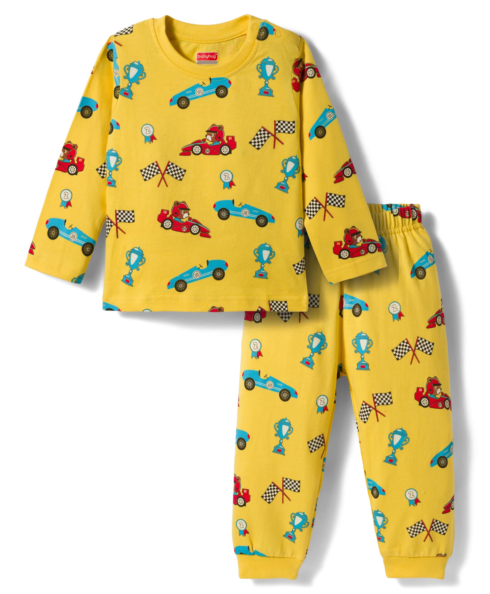 Babyhug Cotton Knit Full Sleeves Racing Theme Printed Co-Ord T-Shirt & Pyjama Night Suit - Yellow-image-45