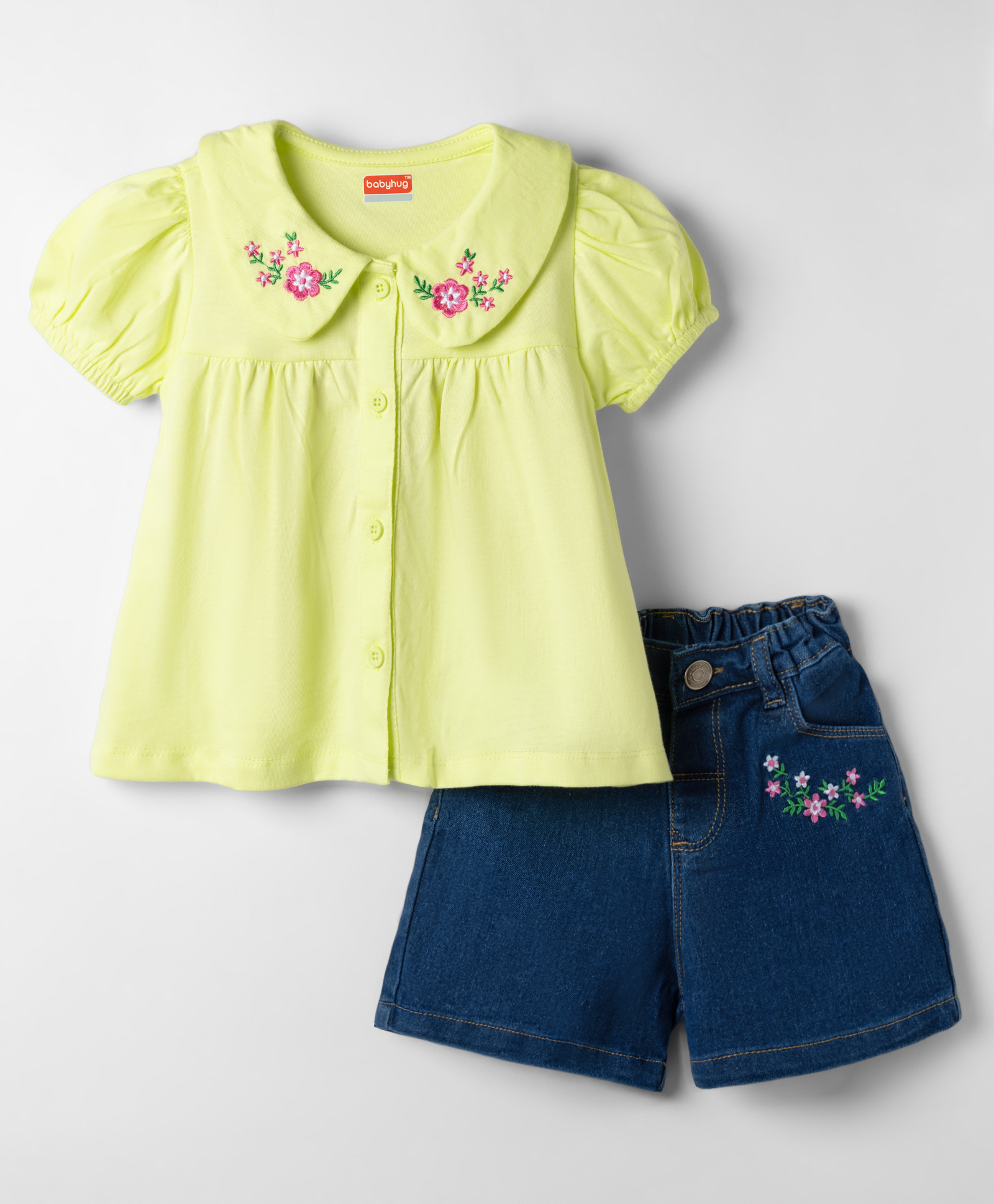 Babyhug Single Jersey Knit Peter Pan Collar Half Sleeves Top & Shorts Set with Floral Embroidery - Limegreen & Navy Blue-image-35