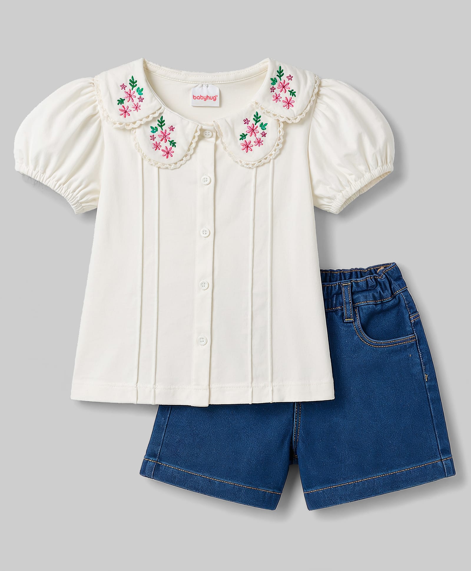 Babyhug Single Jersey Knit Half Sleeves Floral Embroidered Top & Denim Shorts Set - White & Blue-image-19