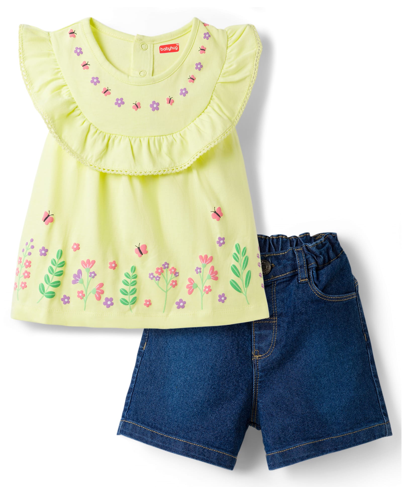Babyhug Single Jersey Knit Sleeveless Top & Denim Shorts Set with Floral Print - Yellow & Blue-image-30