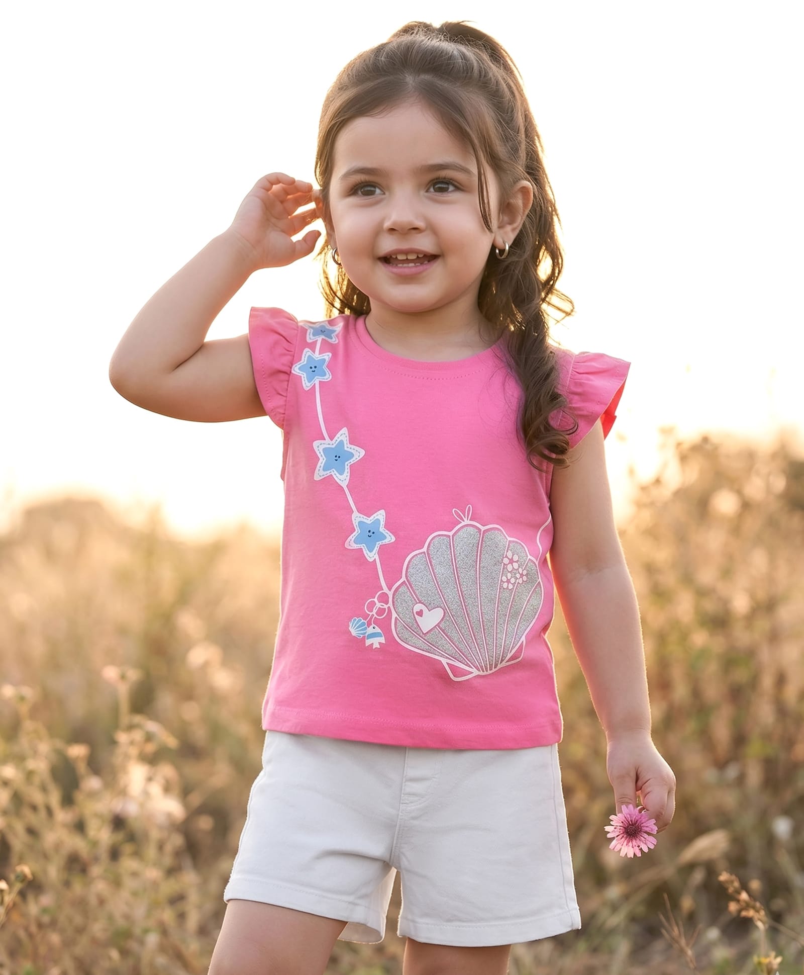 Babyhug Single Jersey Knit Frill Sleeves Top & Denim Shorts Set with Star Print - Pink & White-image-5