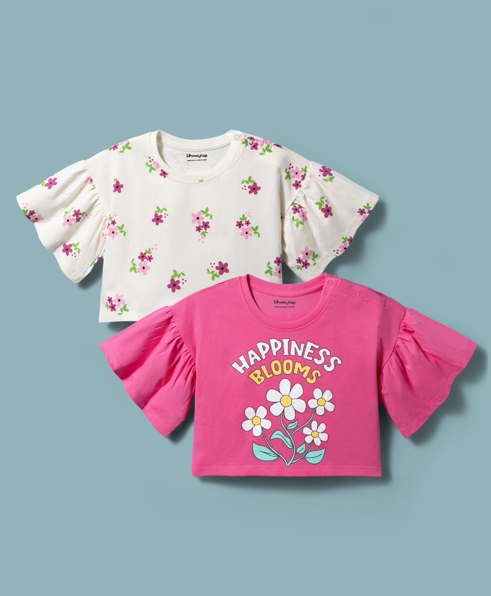 Honeyhap Premium 100% Cotton Knit With Bio Finish Half Sleeves Tops With Floral Print Pack of 2 - Gardenia & Azalea Pink-image-46