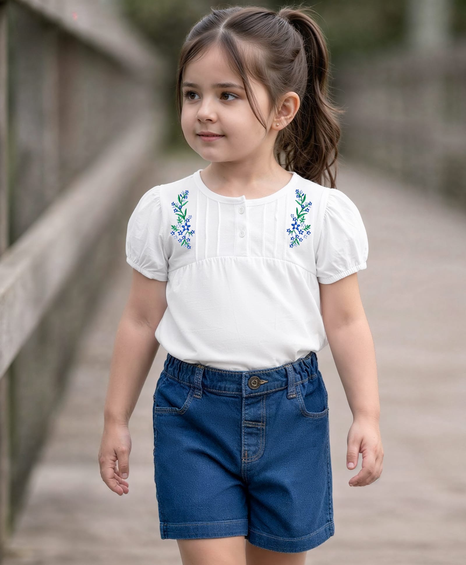 Babyhug Single Jersey Knit Half Sleeves Top & Denim Shorts Set with Floral Embroidery - White & Blue-image-29