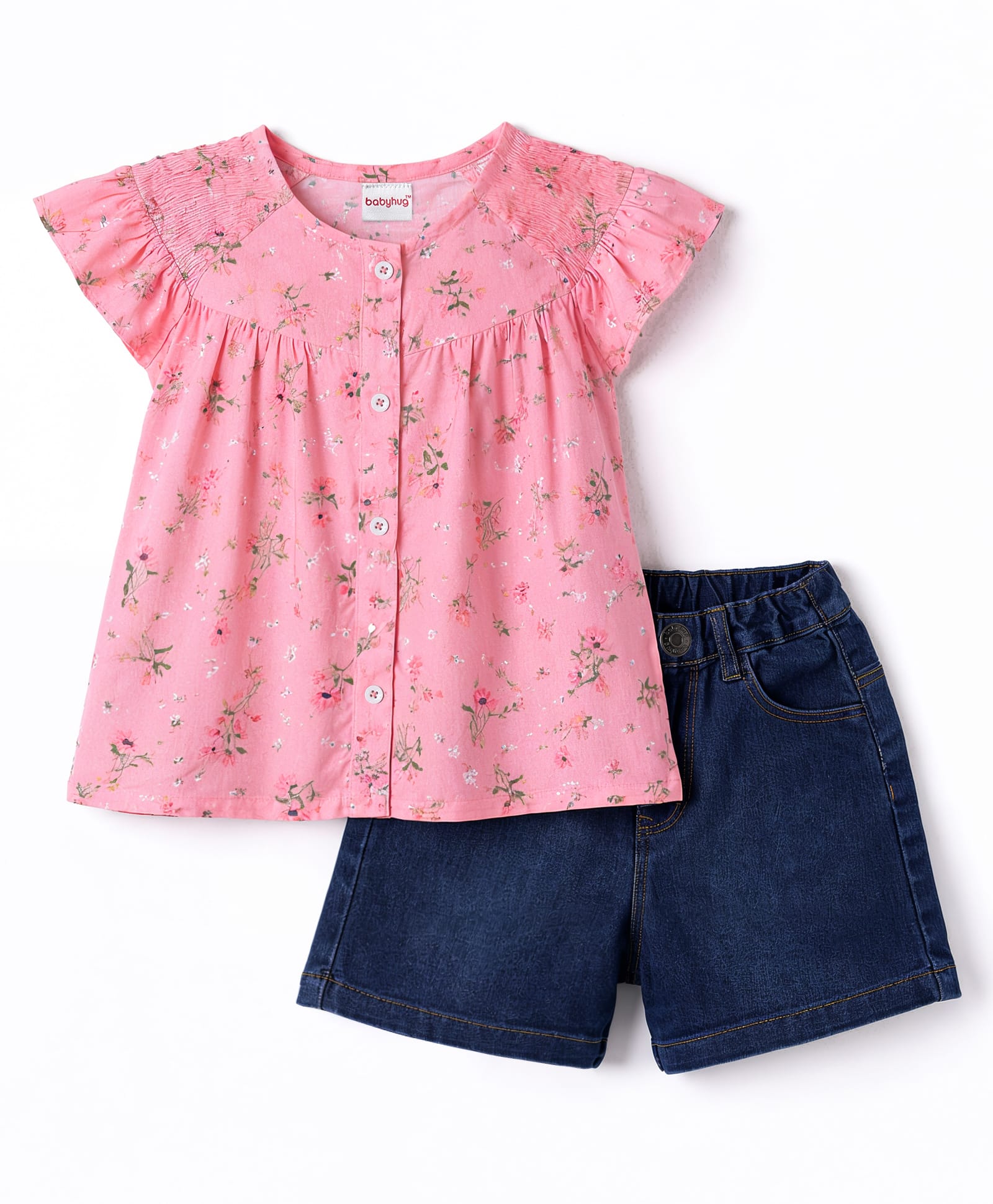 Babyhug Single Jersey Knit Half Sleeves Top & Denim Shorts Set With Floral Print - Pink & Blue-image-35