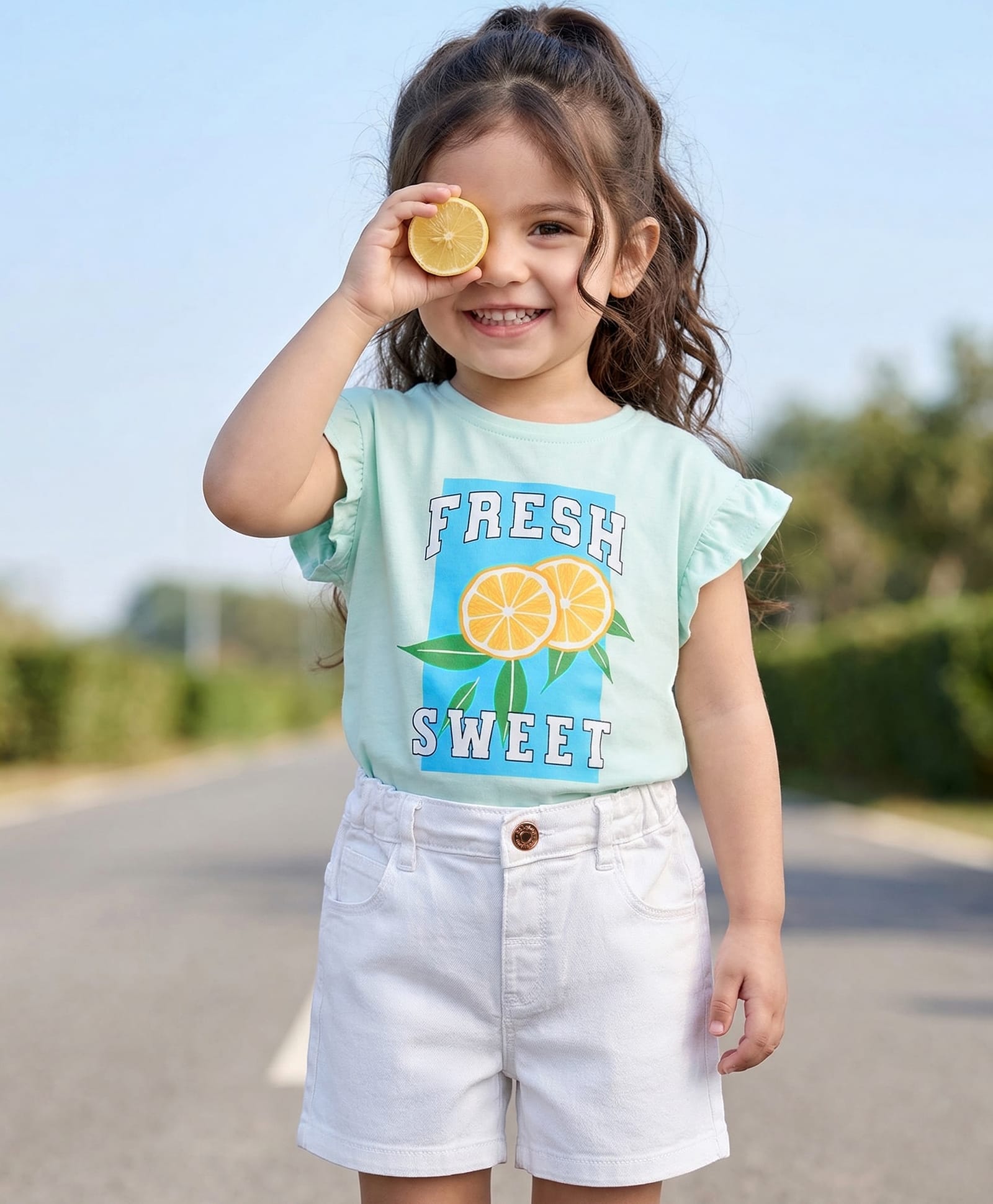 Babyhug Single Jersey Knit Half Frill Sleeves Top & Denim Shorts Set with Fresh Sweet Print - Blue & White-image-24