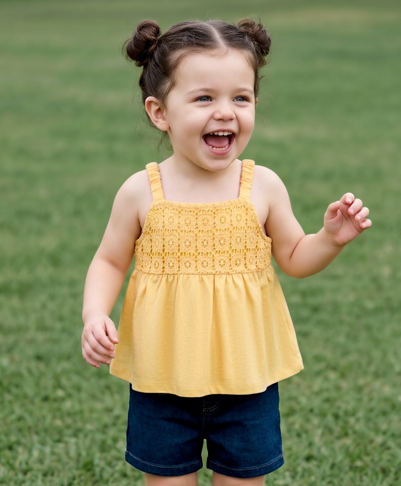 Babyhug Single Jersey Knit Sleeveless Schiffili Top & Denim Shorts Set - Yellow & Blue-image-27
