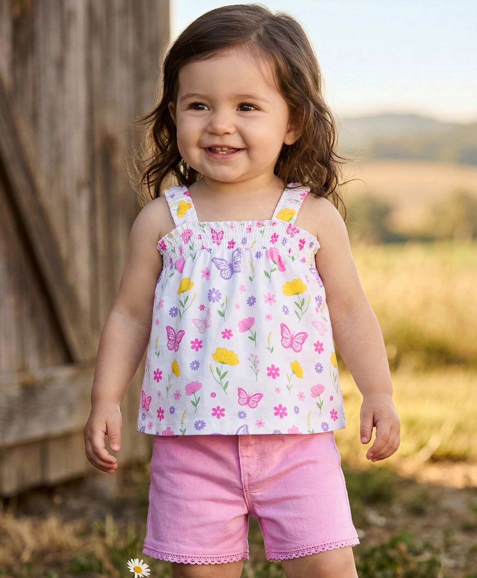 Babyhug Single Jersey Knit Sleeveless Top & Denim Shorts Set With Floral & Butterfly Print - White & Pink-image-17