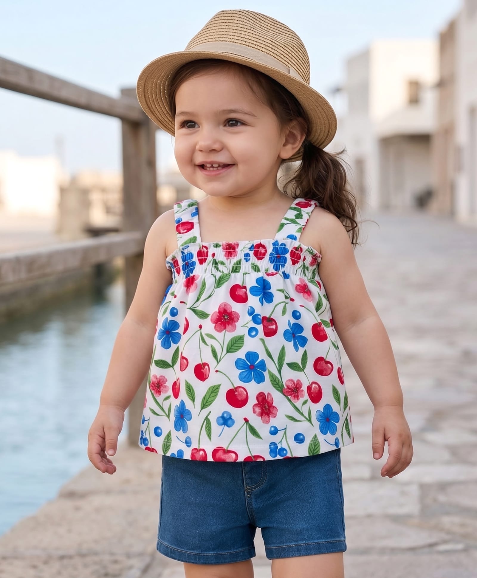 Babyhug Single Jersey Knit Sleeveless Top & Denim Shorts Set with Floral Print - Blue-image-32
