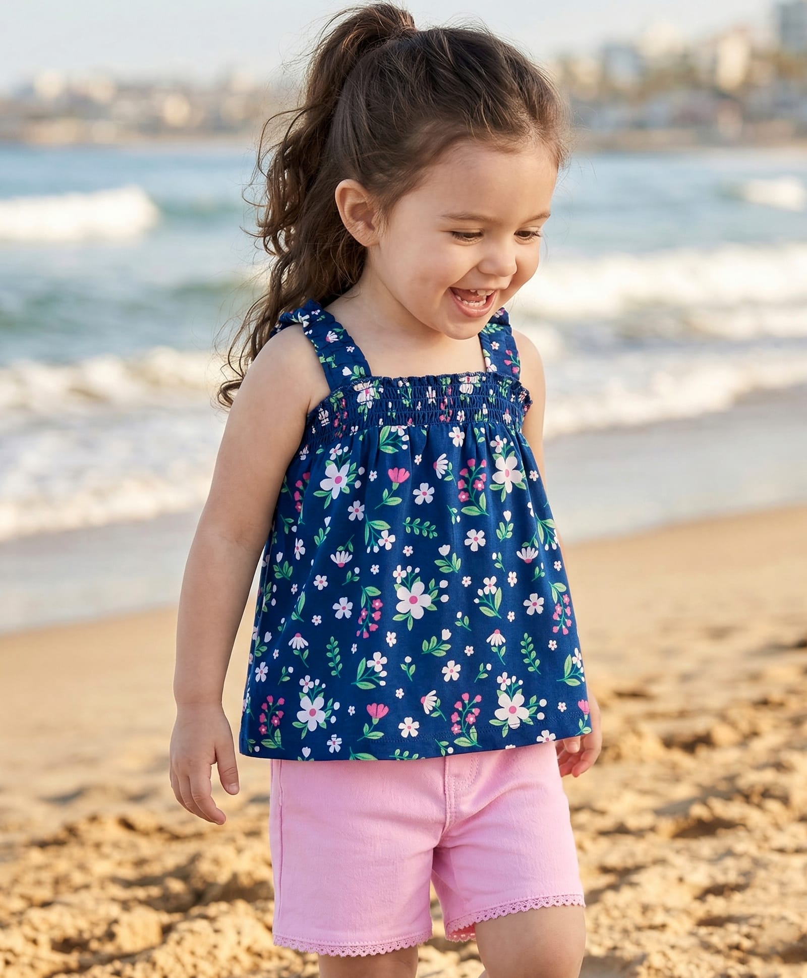 Babyhug Single Jersey Knit Sleeveless Top & Denim Shorts Set With Floral Print - Navy Blue & Pink-image-18