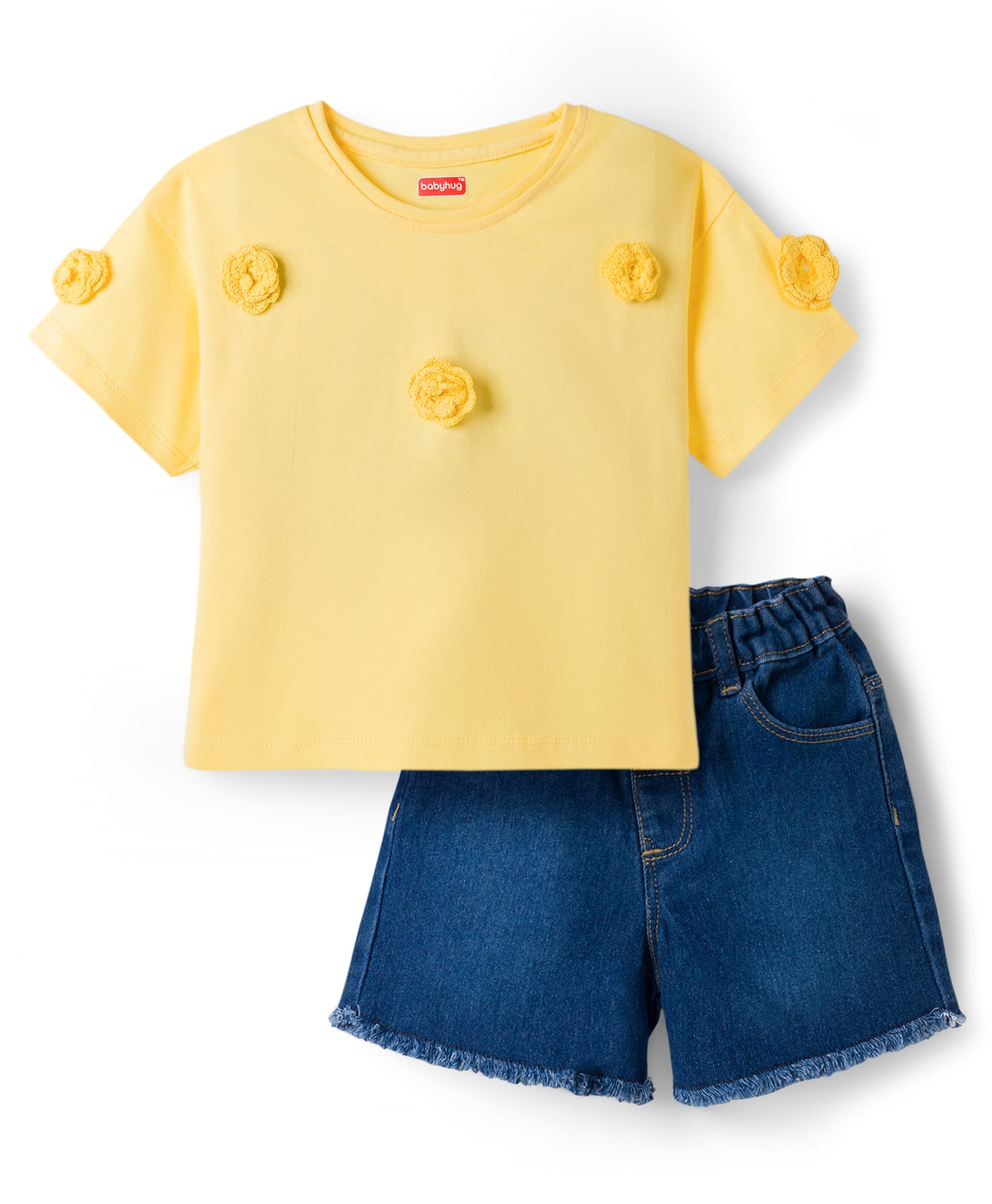 Babyhug Single Jersey Knit Half Sleeves Top & Denim Shorts Set with Crochet Floral Applique - Yellow & Blue-image-33