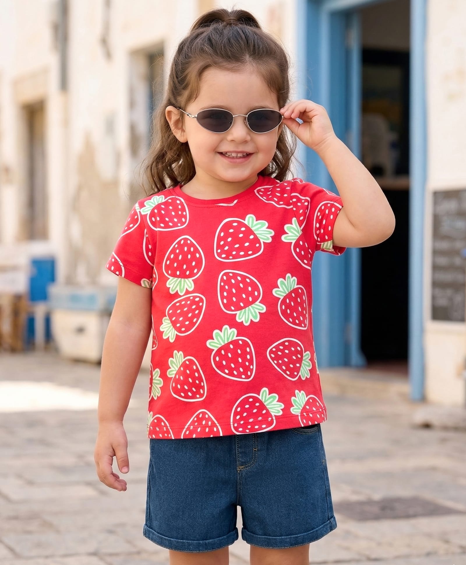 Babyhug Single Jersey Knit Half Sleeves Top & Denim Shorts Set With Strawberry Print - Red & Blue-image-20